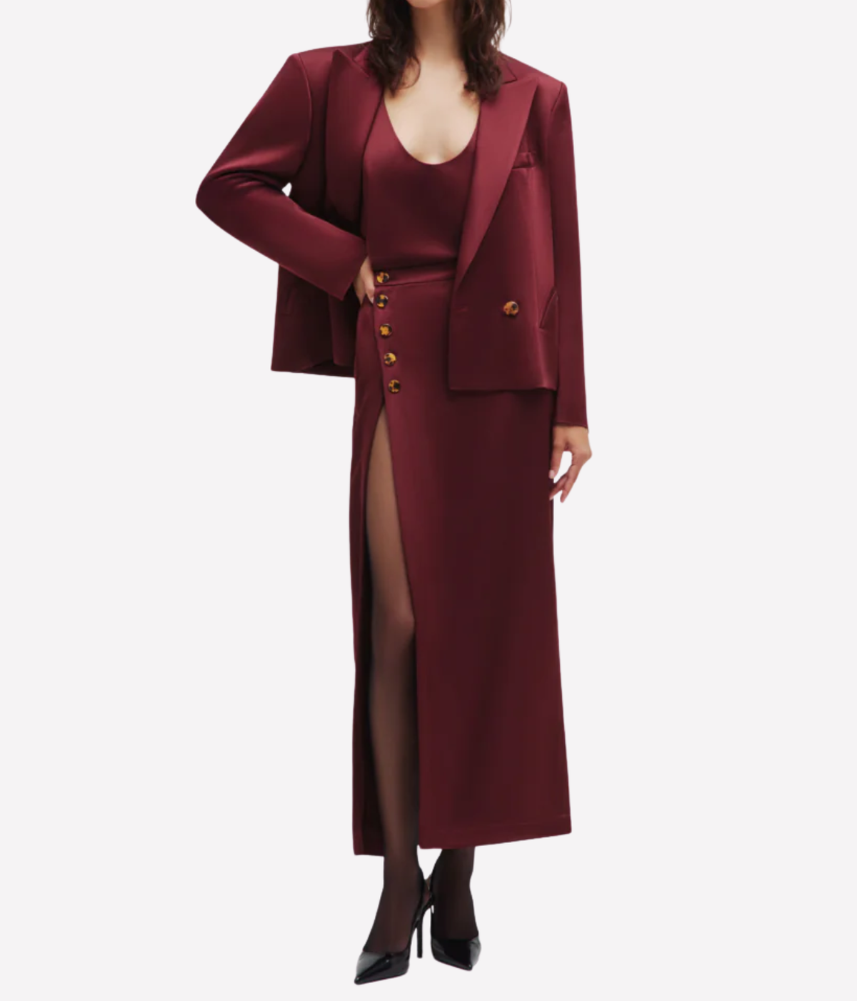 Novalis Sunfire Blazer In Wine - female model wearing matching red blazer and pants set, blazer has 2 front pockets and 1 front button