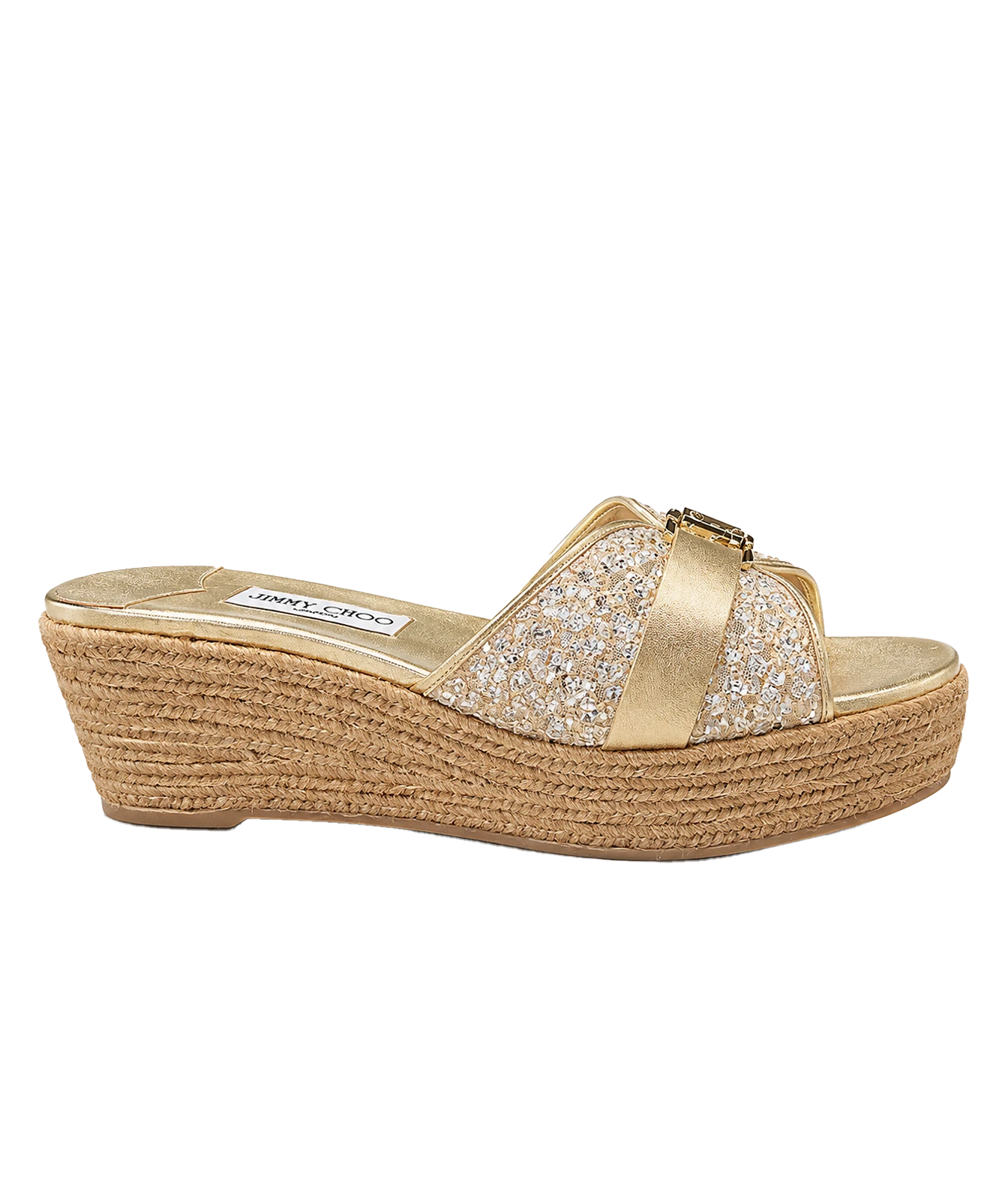 A single Jimmy Chono espadrille wedge sandal in metallic gold, featuring crystal-embellished straps and a braided jute wedge heel, shown from a side profile on a white background.