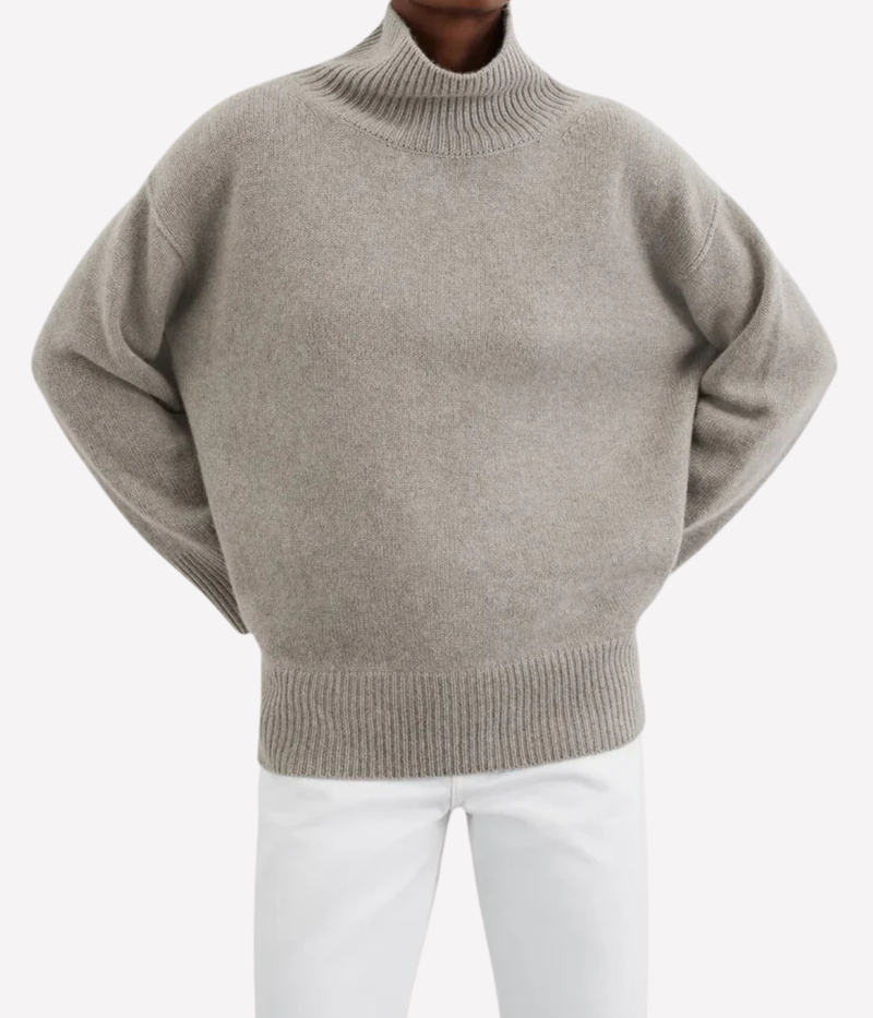 Soft Goat Alpaca Boyfriend Turtleneck in Greige – Front View
