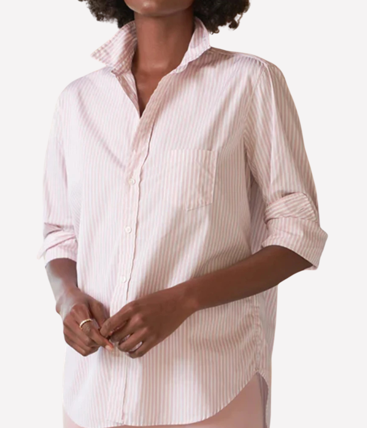 Eileen Woven Button Up in Pink White Multi Stripe
