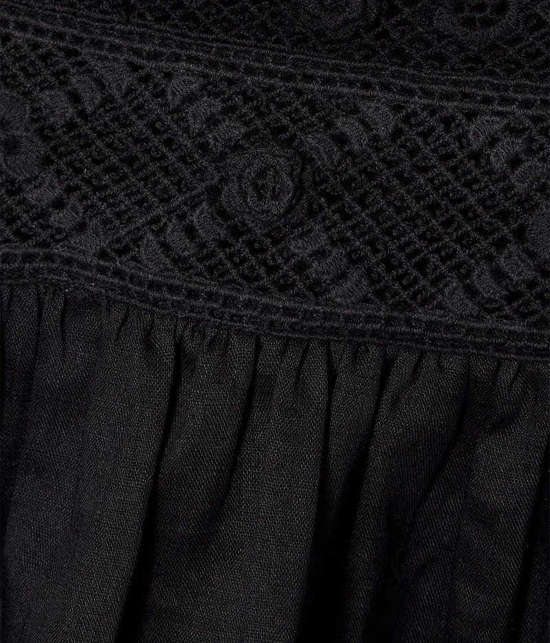 Close-up of a black textured fabric garment showing a detailed embroidered lace pattern and a gathered waist seam.