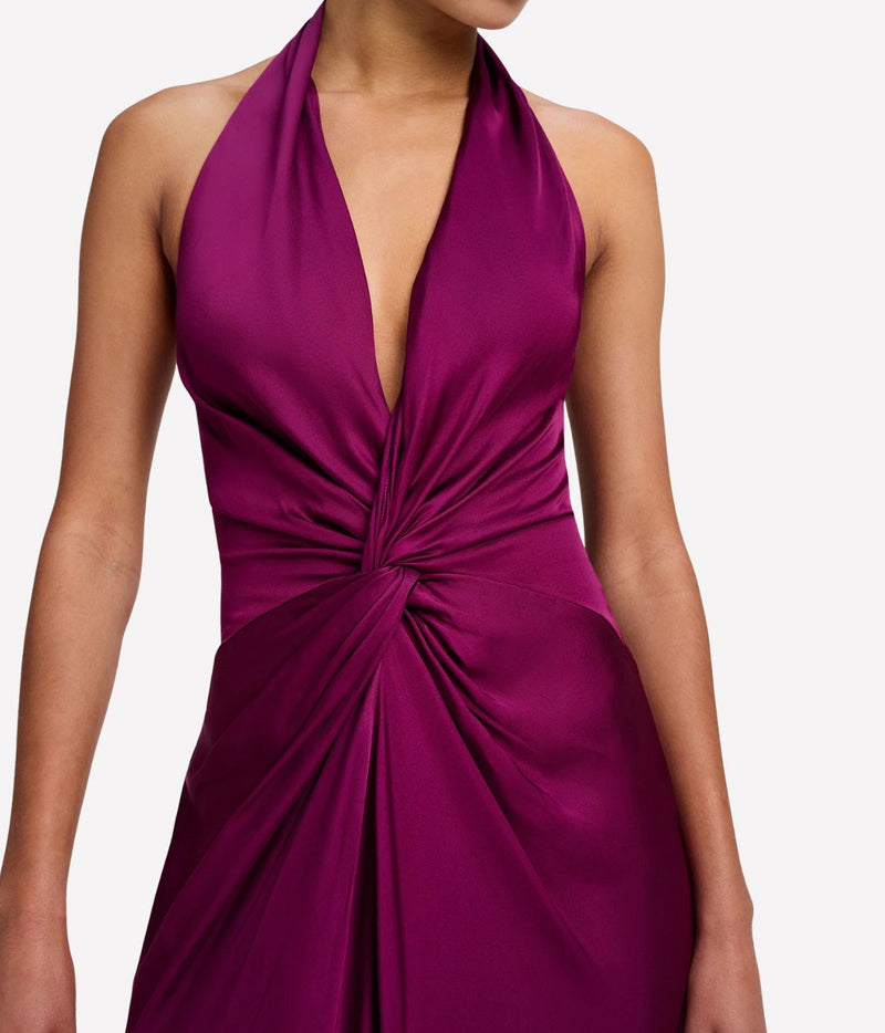Close-up of A.L.C. Mabel Satin Gown in Jewel showing the plunging halter neckline and twisted front