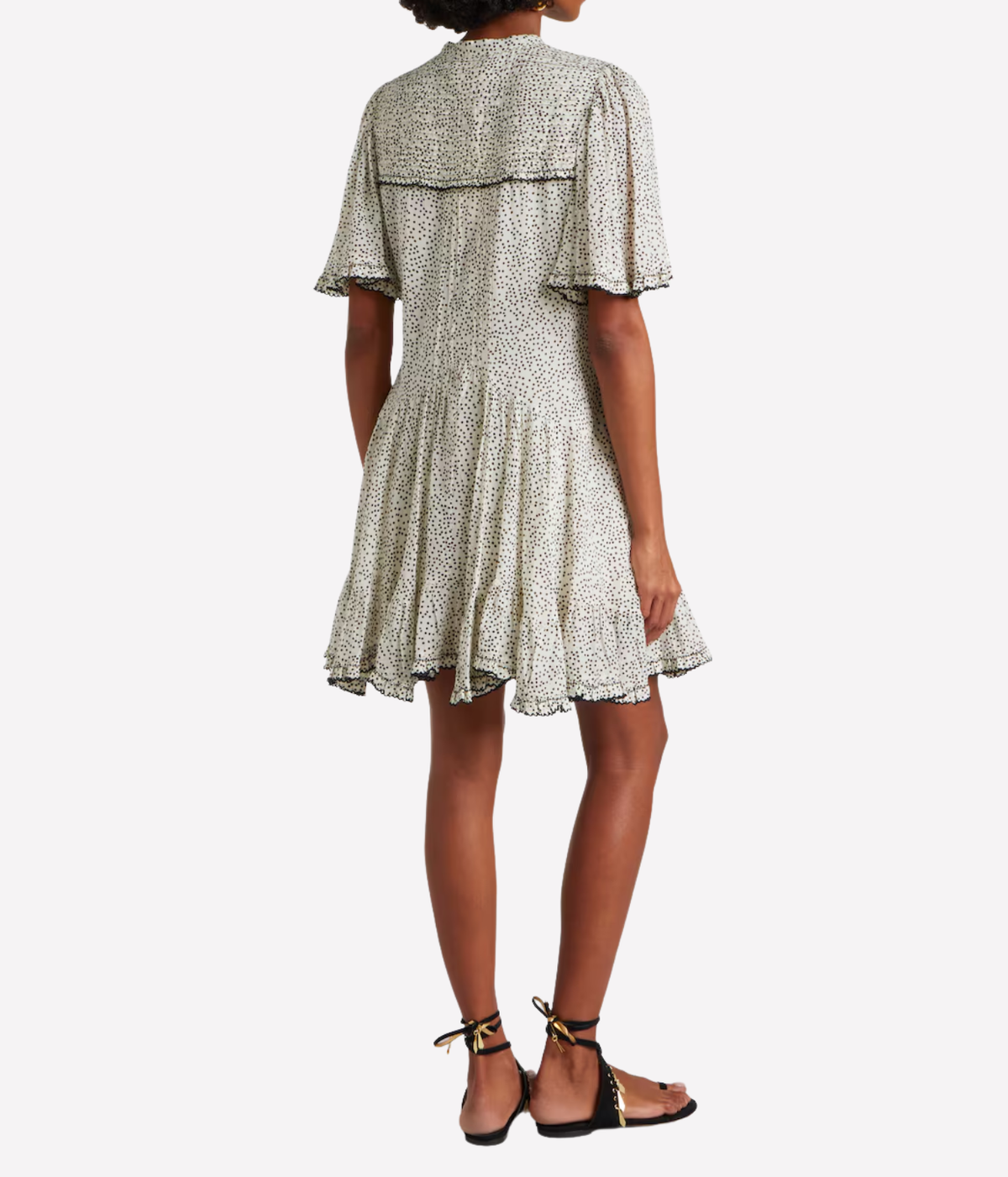 Isabel Marant Daynia Cotton Mini Dress in Ecru Black, back model view highlighting the loose silhouette and polka dot cotton fabric.