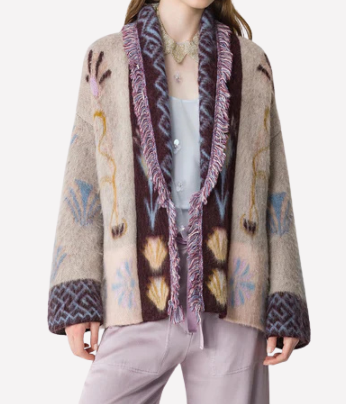 Baby Alpaca Sogni Jacquard Long Cardigan in Avorio