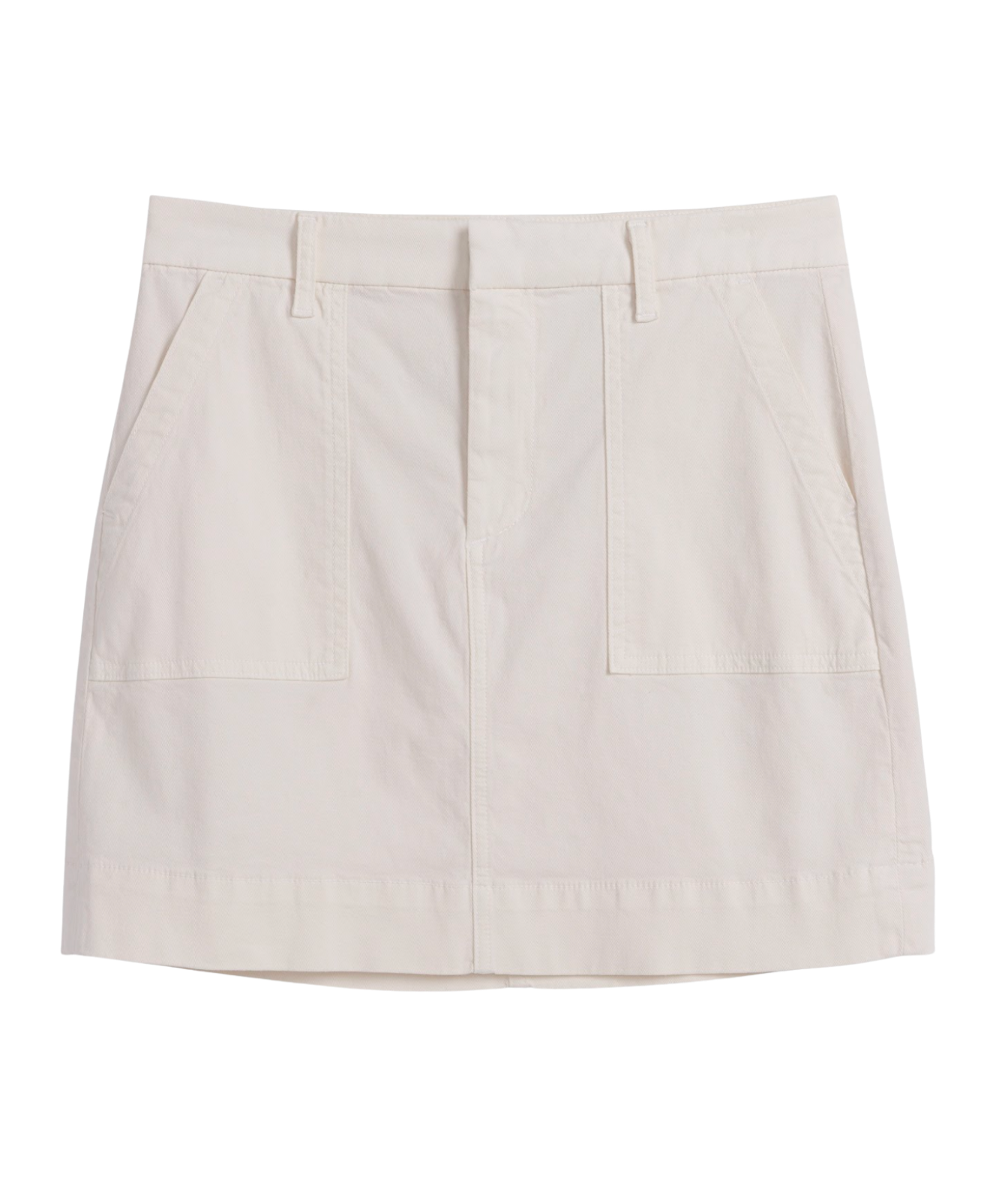 An off-white utility mini skirt with a front fly, belt loops, and two large front patch pockets, shown flat on a white background.