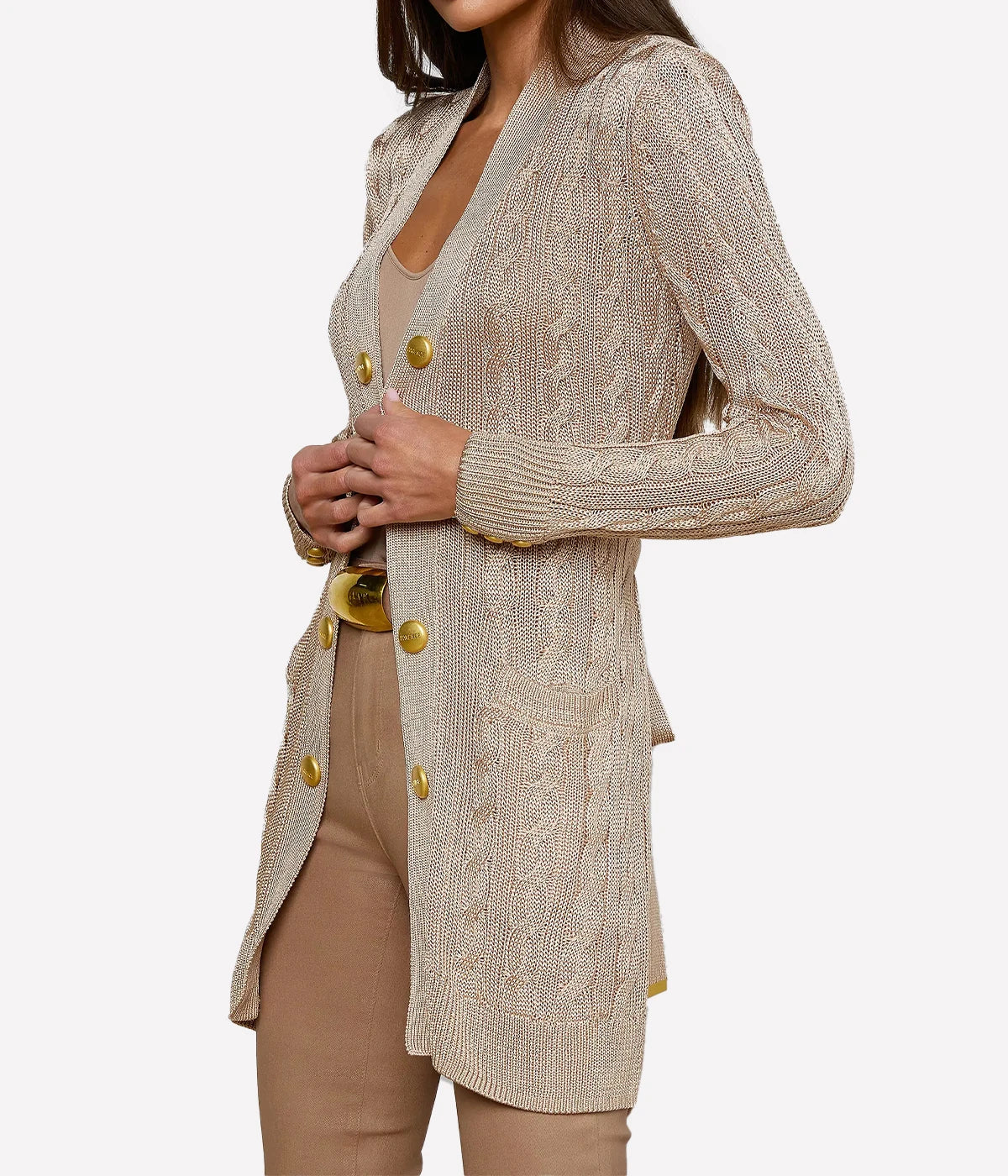 Penelope Belted Cable Cardigan In Almond Gold