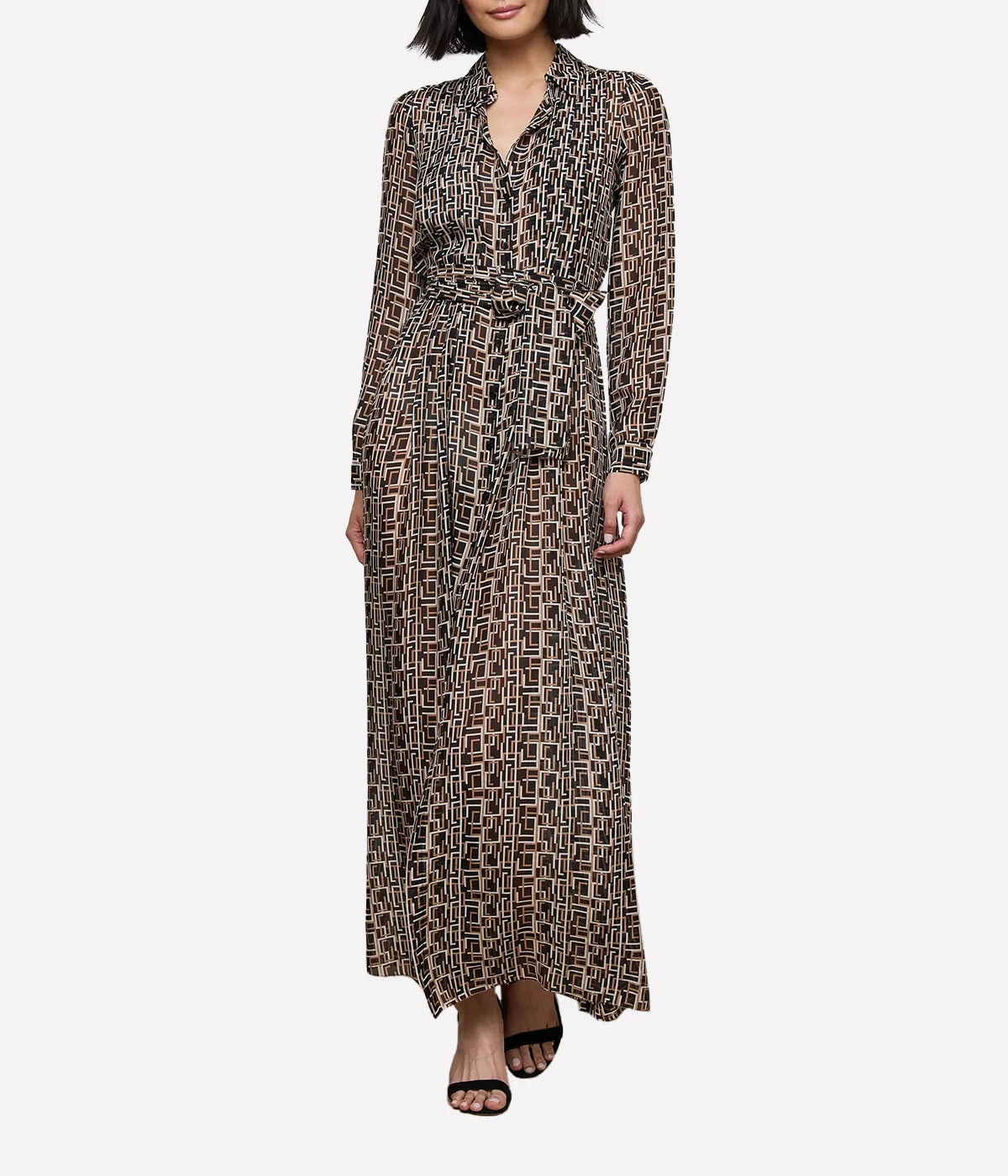 Klaudia Pin Tuck Shirt Dress in Black Multi L Geo Print