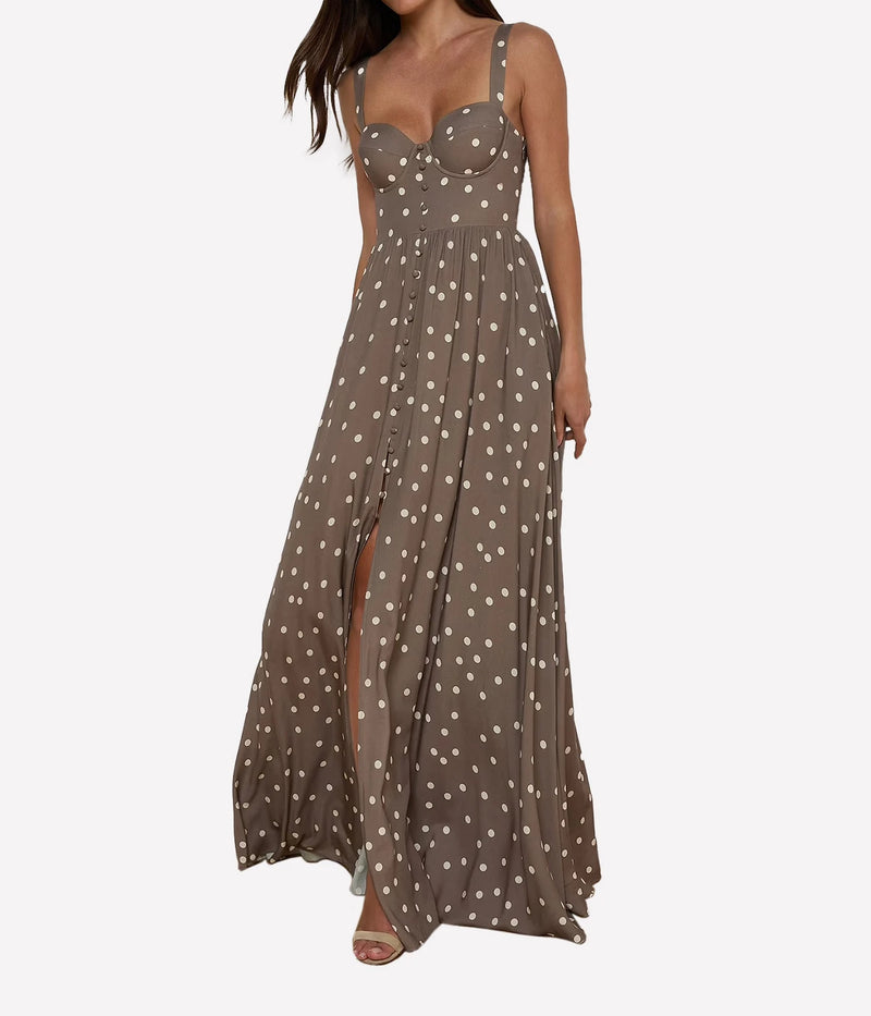 Rosette Maxi Dress In Cardamom Ecru Polka Dot
