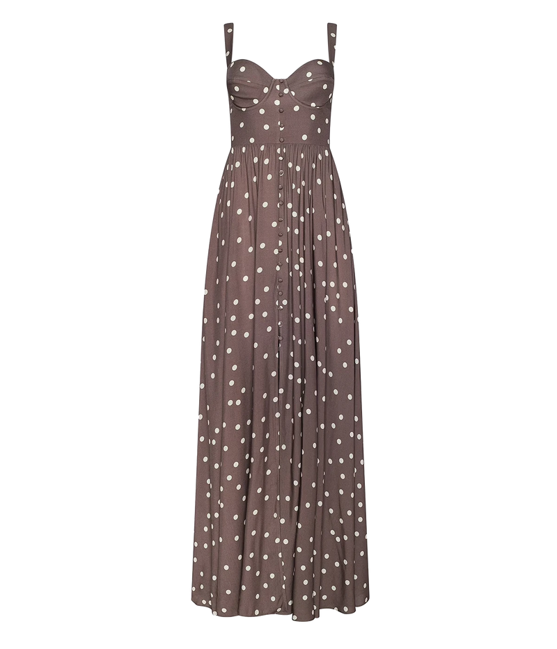 Rosette Maxi Dress In Cardamom Ecru Polka Dot