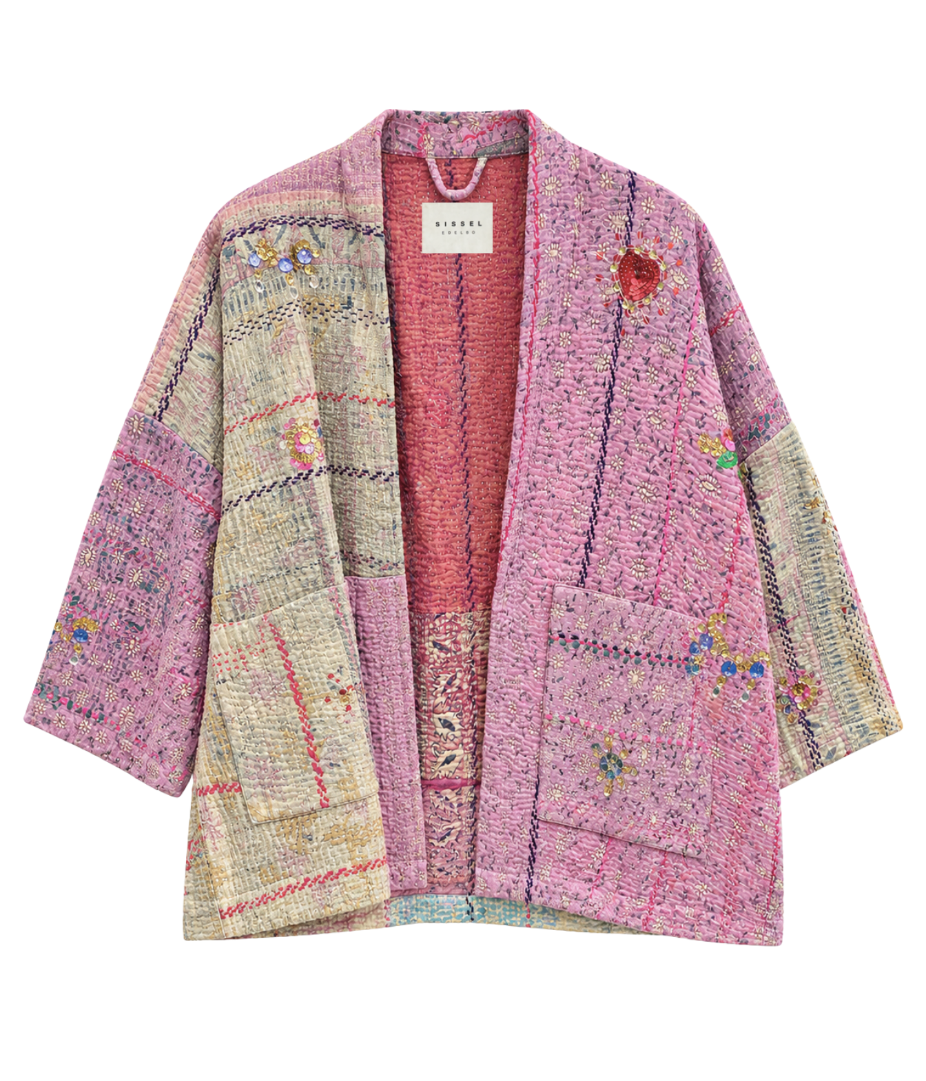 A pink and multicolor patchwork tweed open-front cardigan, featuring a textured woven pattern, a pink ribbed inner lining, and front patch pockets, shown flat on a white background.
