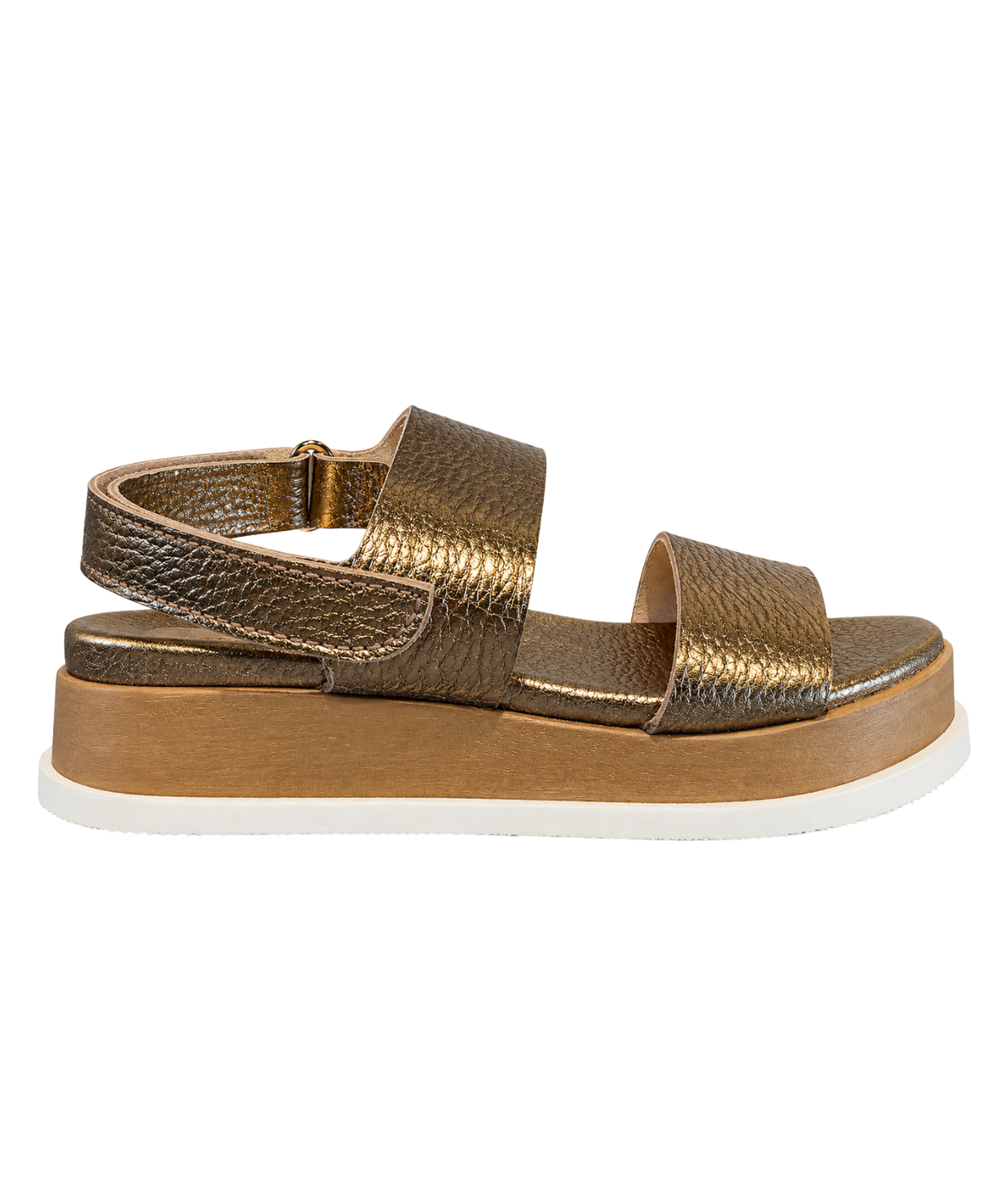 A metallic bronze-textured platform sandal with two wide straps and a thick brown wooden-look midsole - Brooklyn In Cava Cervo-Light Pine