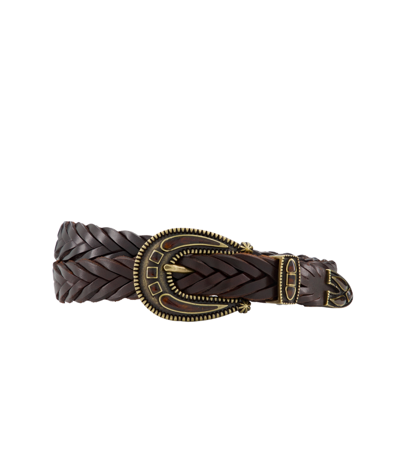 beverly belt in t moro by calexico - flat lay of brown woven belt with aged gold hardware