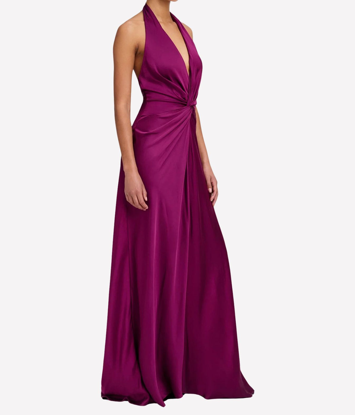 Woman wearing A.L.C. Mabel Satin Gown in Jewel, angled front view showing the floor-length skirt