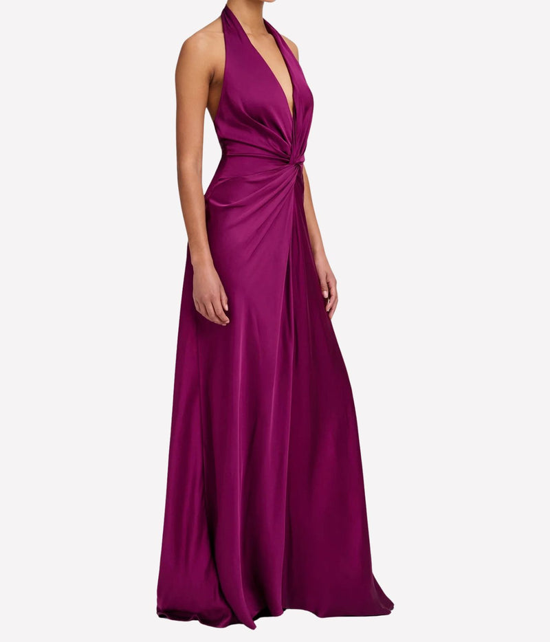 Woman wearing A.L.C. Mabel Satin Gown in Jewel, angled front view showing the floor-length skirt