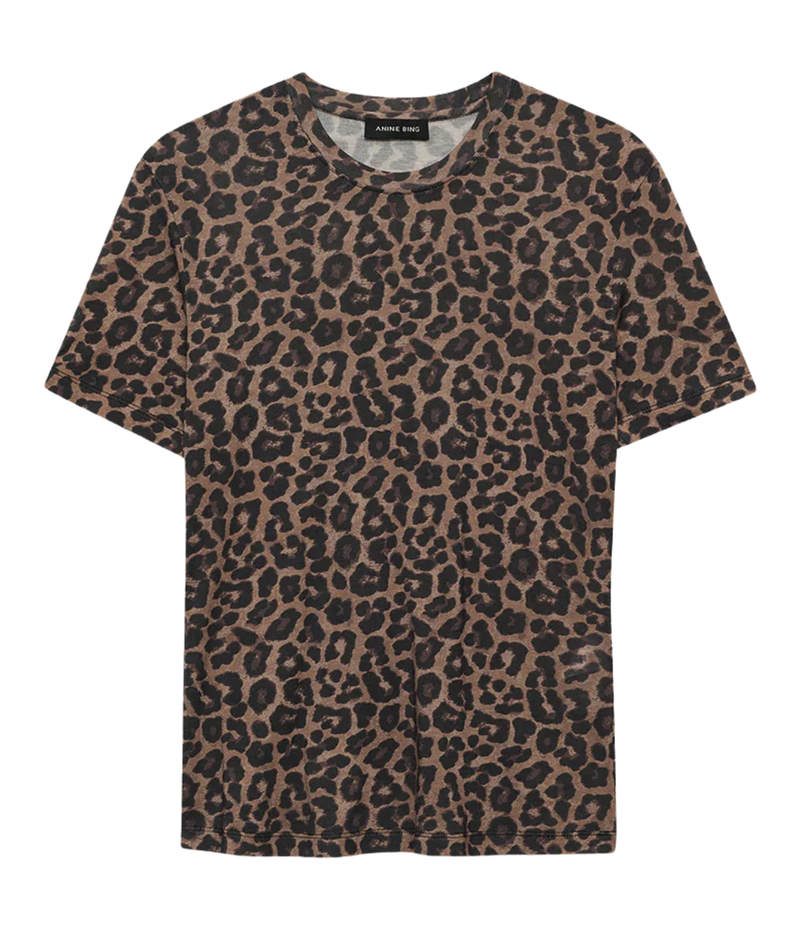 A short-sleeve crewneck t-shirt with an all-over leopard print pattern in brown and black, shown flat against a white background.
