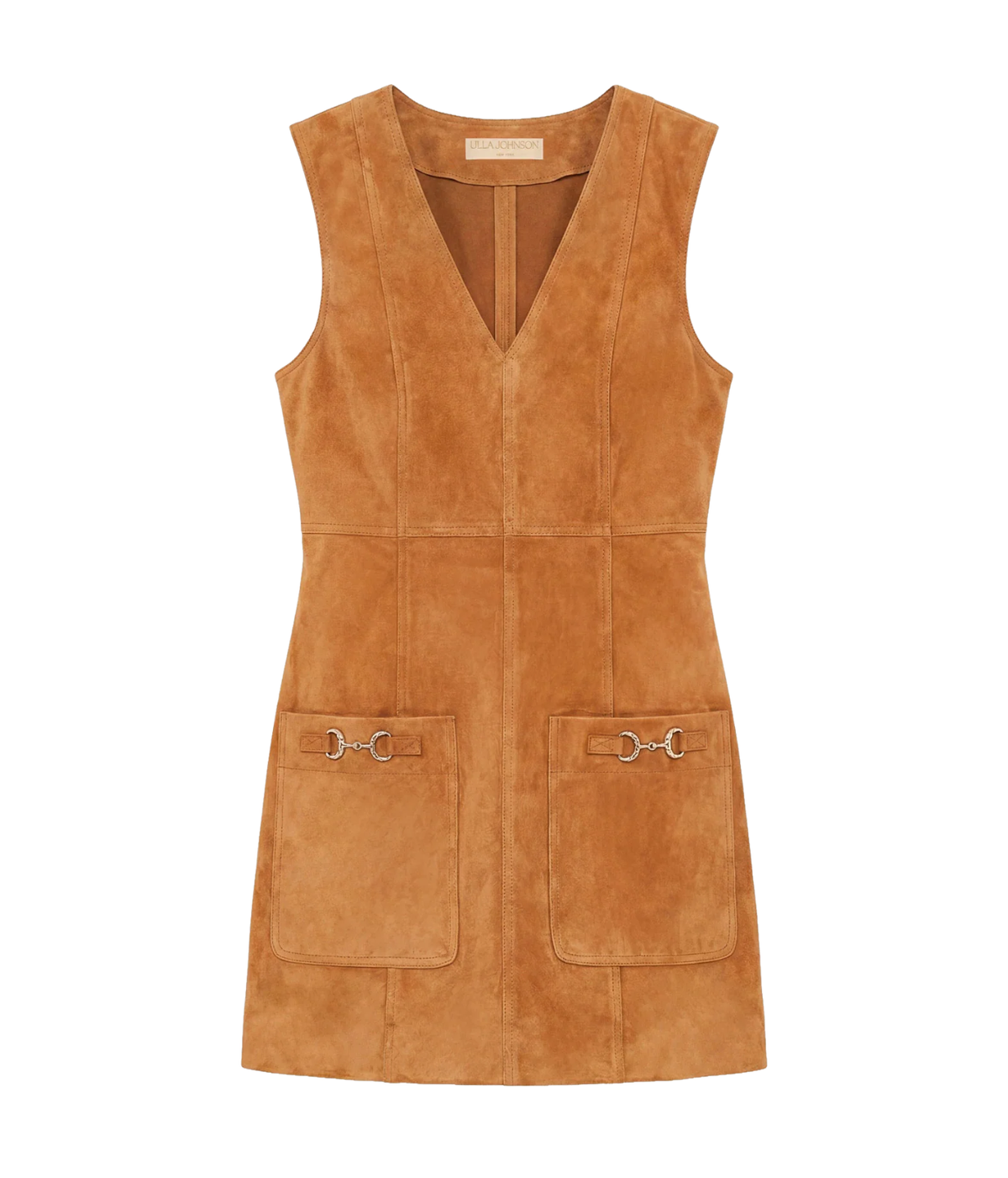 Ulla Johnson Sloane Suede Mini Dress in Cognac brown, front view with a V-neckline, patch pockets and gold-tone hardware.