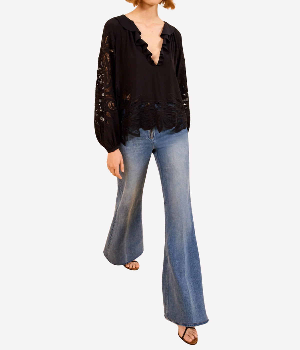 Adonis Long Sleeve Silk Applique Blouse In Noir