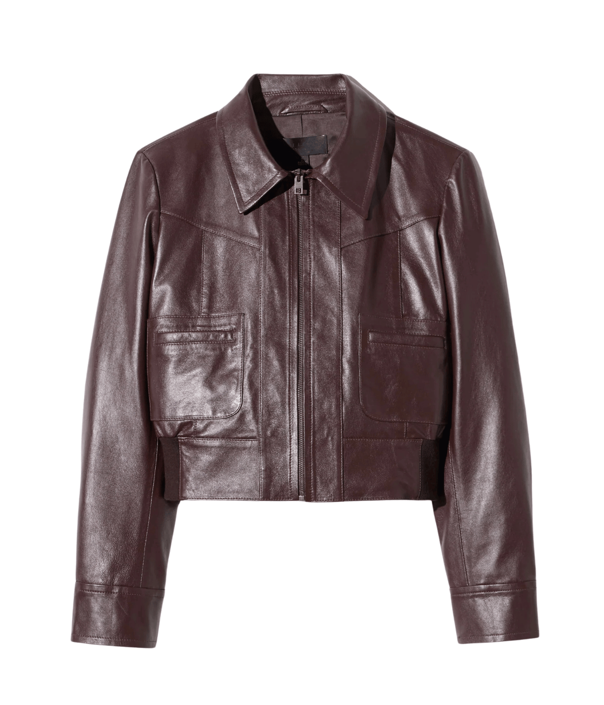 Nili Lotan Charly Leather Jacket in Bordeaux laid flat, showing the pointed collar, front zip, Western yoke, welt patch pockets and banded hem