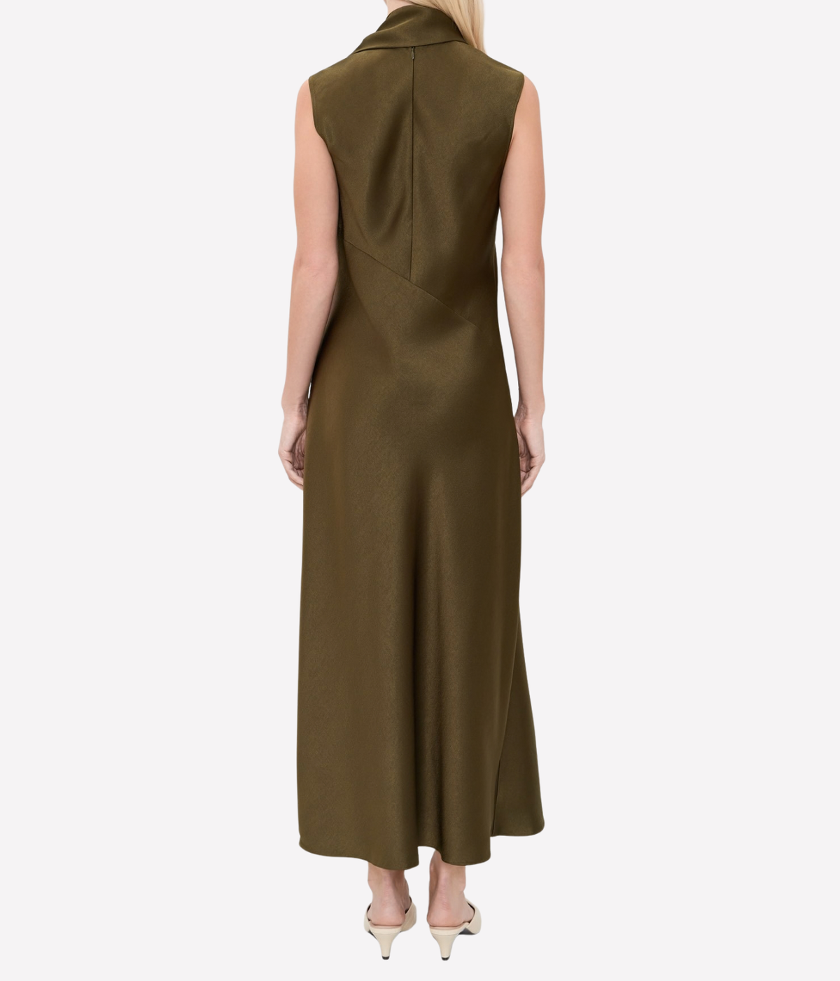 Back view of a model wearing the Vince Draped Scarf Tie Dress In Cypress, showing the high neck and scarf tie at the back