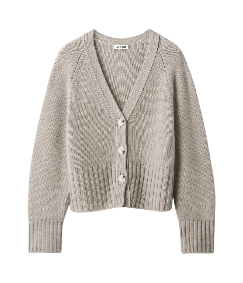 Soft Goat V-Neck Cardigan in Greige – Flat Lay