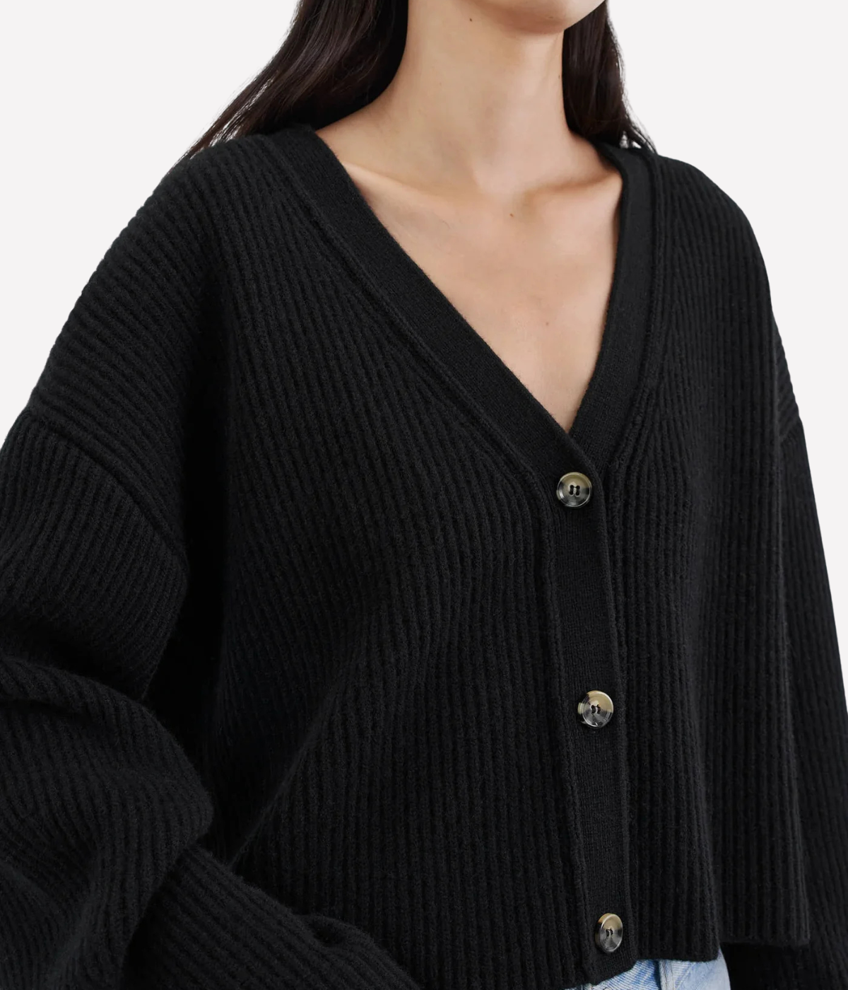 Soft Goat Ribbed Cardigan in Black – Close Up Detail