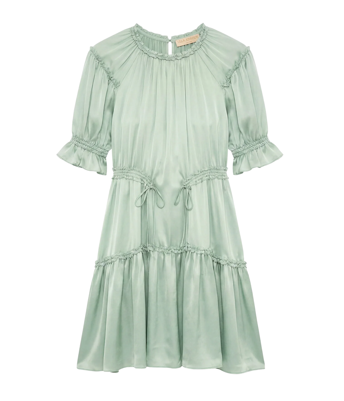 Juliette Short Sleeve Mini Dress in Cleadon, a soft sage green mini dress with a gathered neckline, puff sleeves, drawstring waist and tiered ruffle skirt.