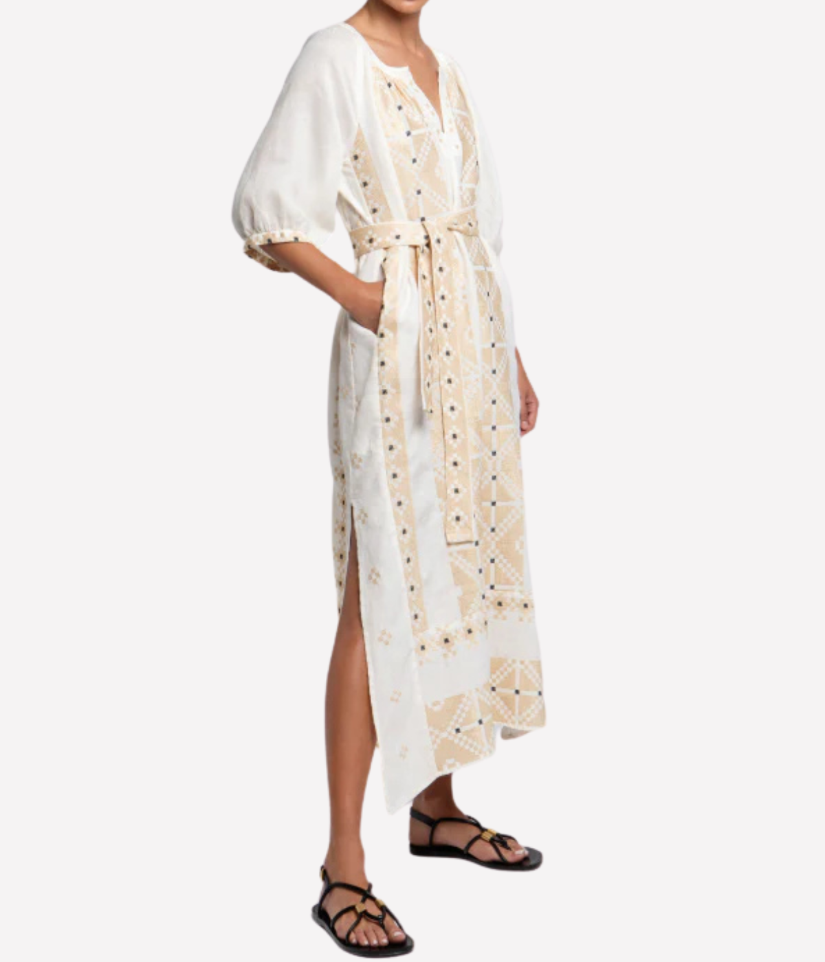 Pixel Belted Long Dress in White Gold