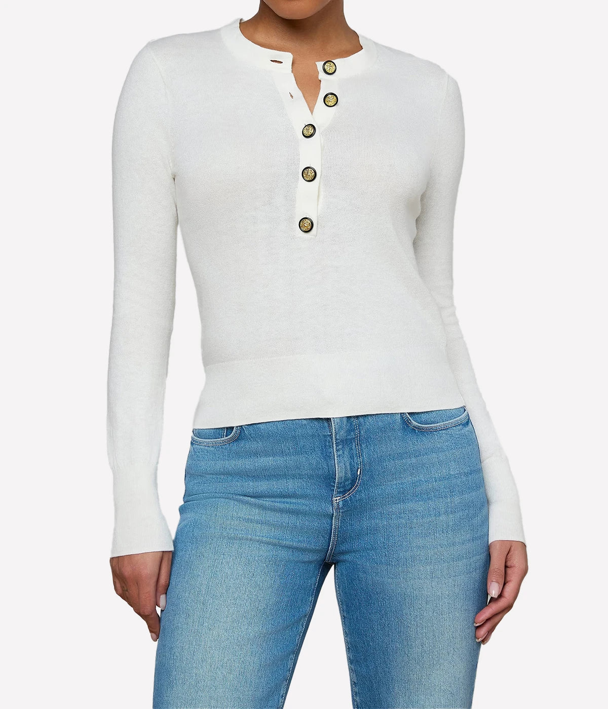 Ronda Knit Henley Pullover In Ivory Gold