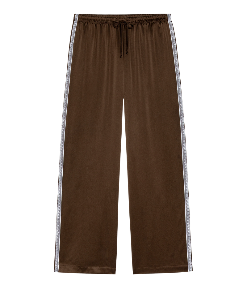 DONNI. The Silk Lace Stripe Crop Pant in Espresso laid flat, showing the drawstring elastic waist, lustrous silk finish and ivory lace trim down each side seam