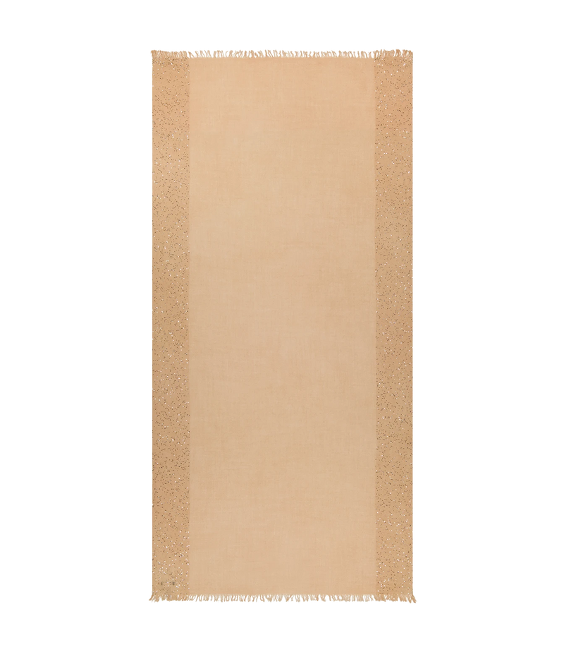A rectangular beige rug with a wide central panel and textured, speckled tan borders with fringe on the top and bottom edges