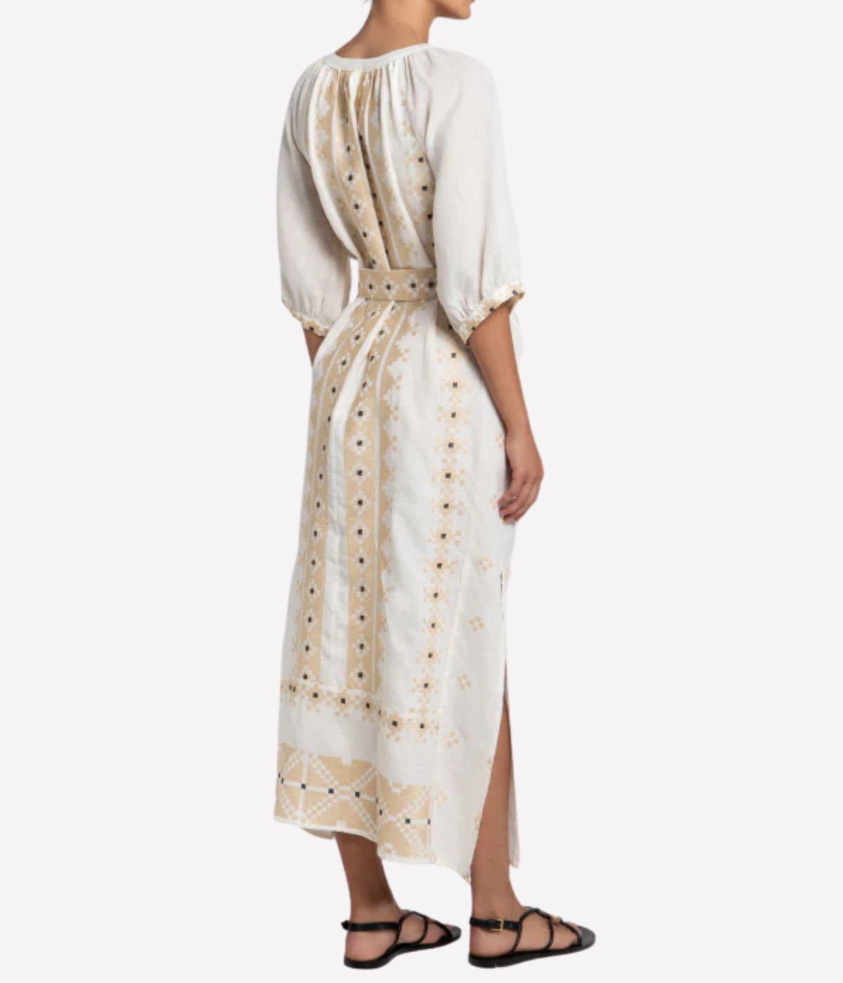 Pixel Belted Long Dress in White Gold