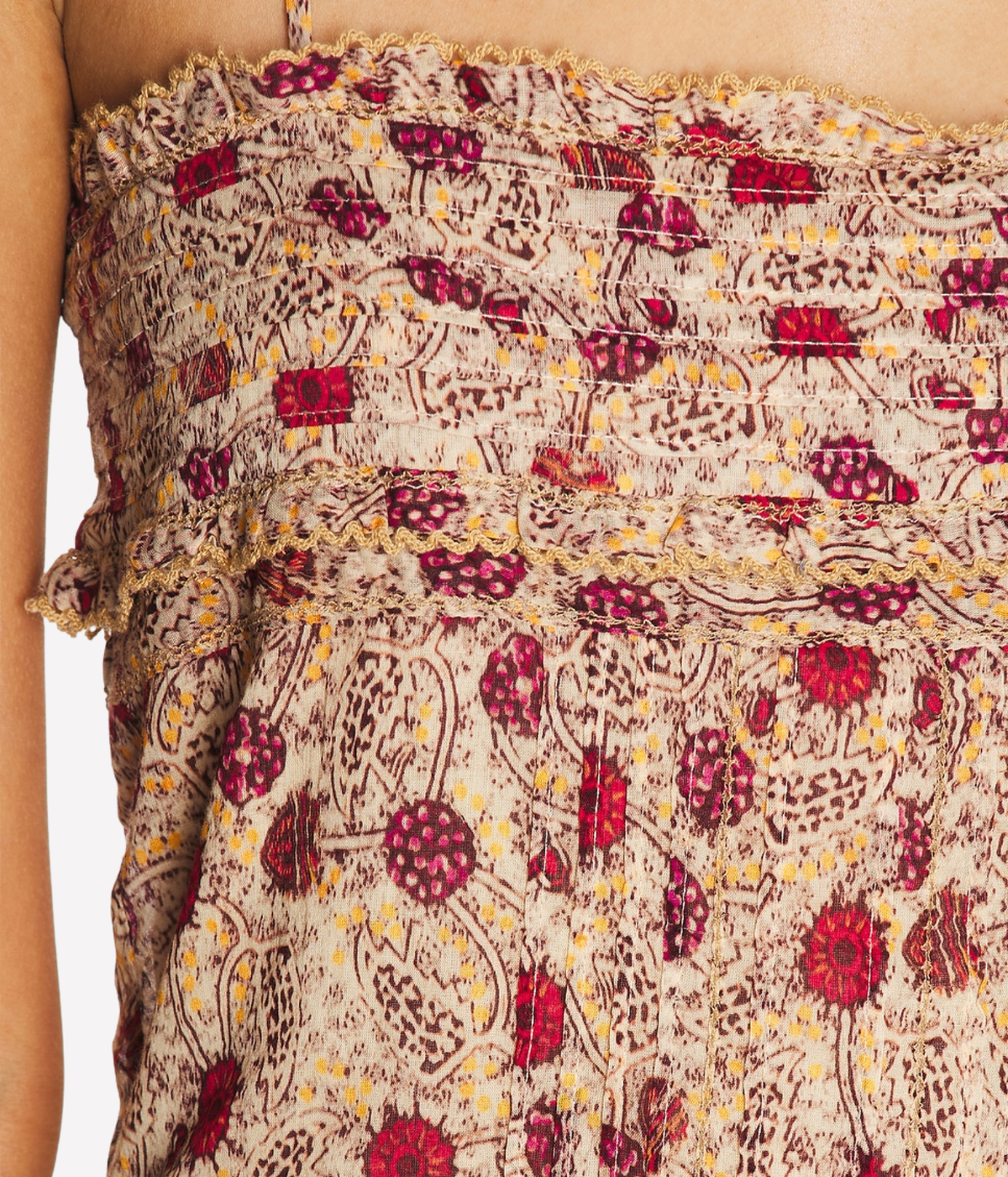 Isabel Marant Demy Dress in Ecru Raspberry, close-up highlighting the smocked ruffled bodice and floral print detailing.