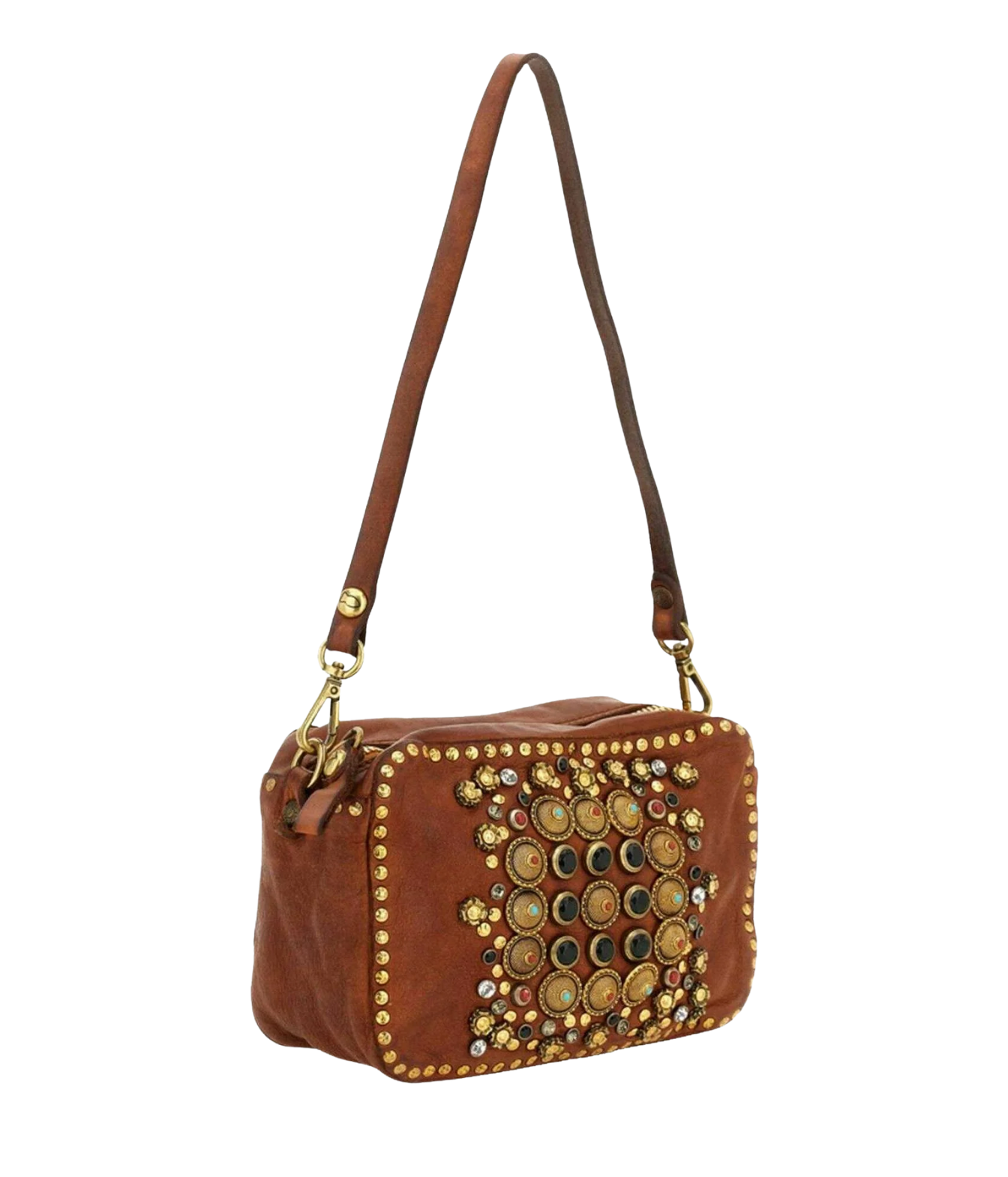 A brown leather shoulder bag with a decorative front panel featuring gold studs, metallic buttons, and small rhinestones, shown against a plain white background.