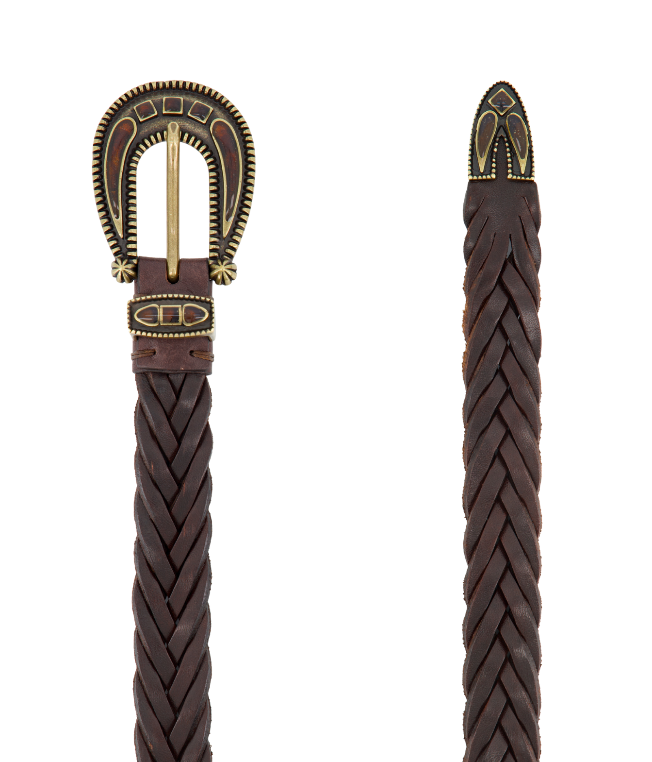 beverly belt in t moro by calexico - flat lay of brown woven belt with aged gold hardware