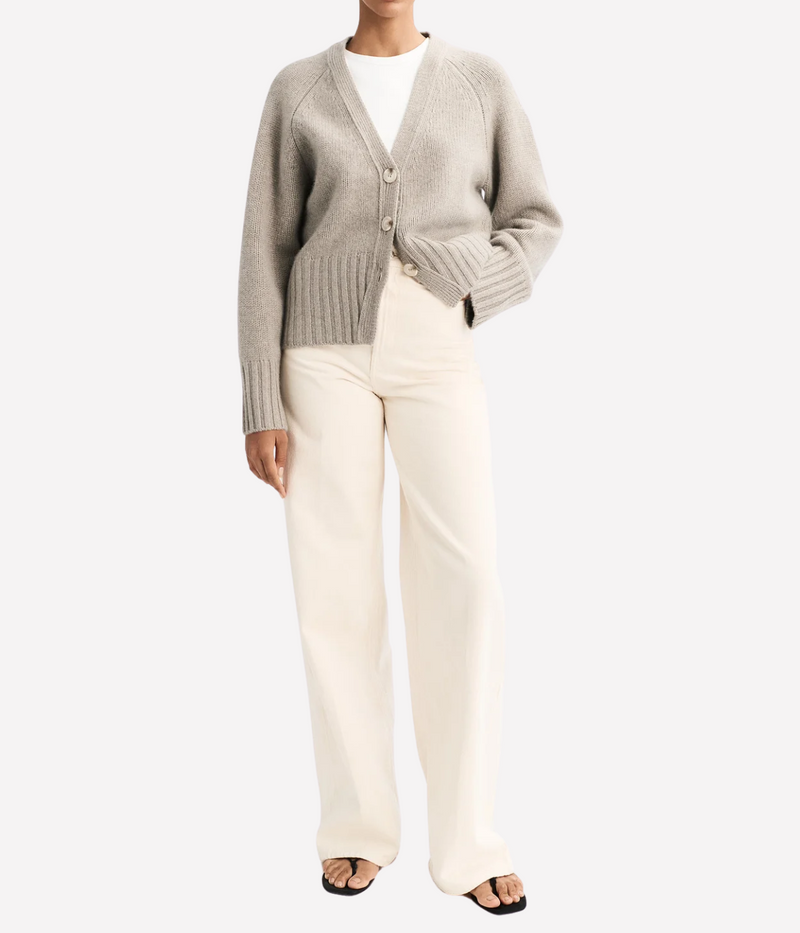 Soft Goat V-Neck Cardigan in Greige – Full Model View