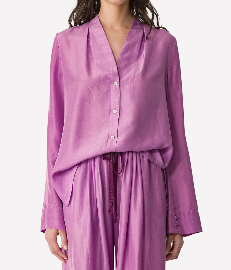 Habotai Silk Long Sleeves V Neck Shirt in burlesque