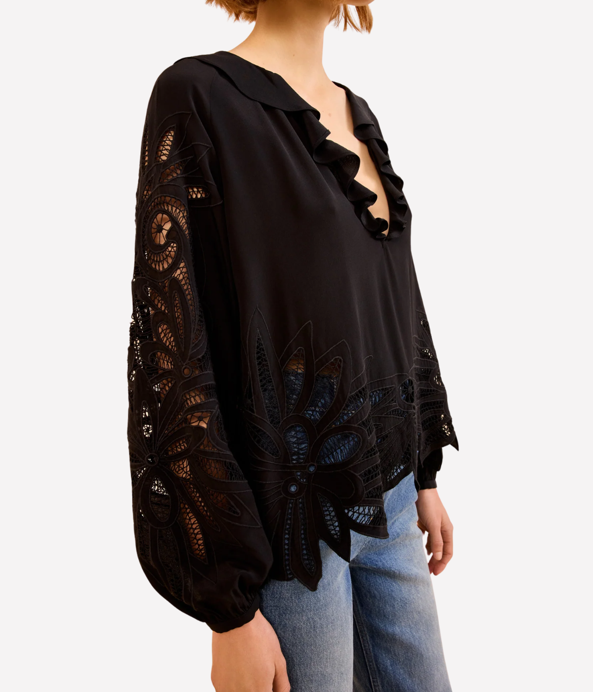 Adonis Long Sleeve Silk Applique Blouse In Noir