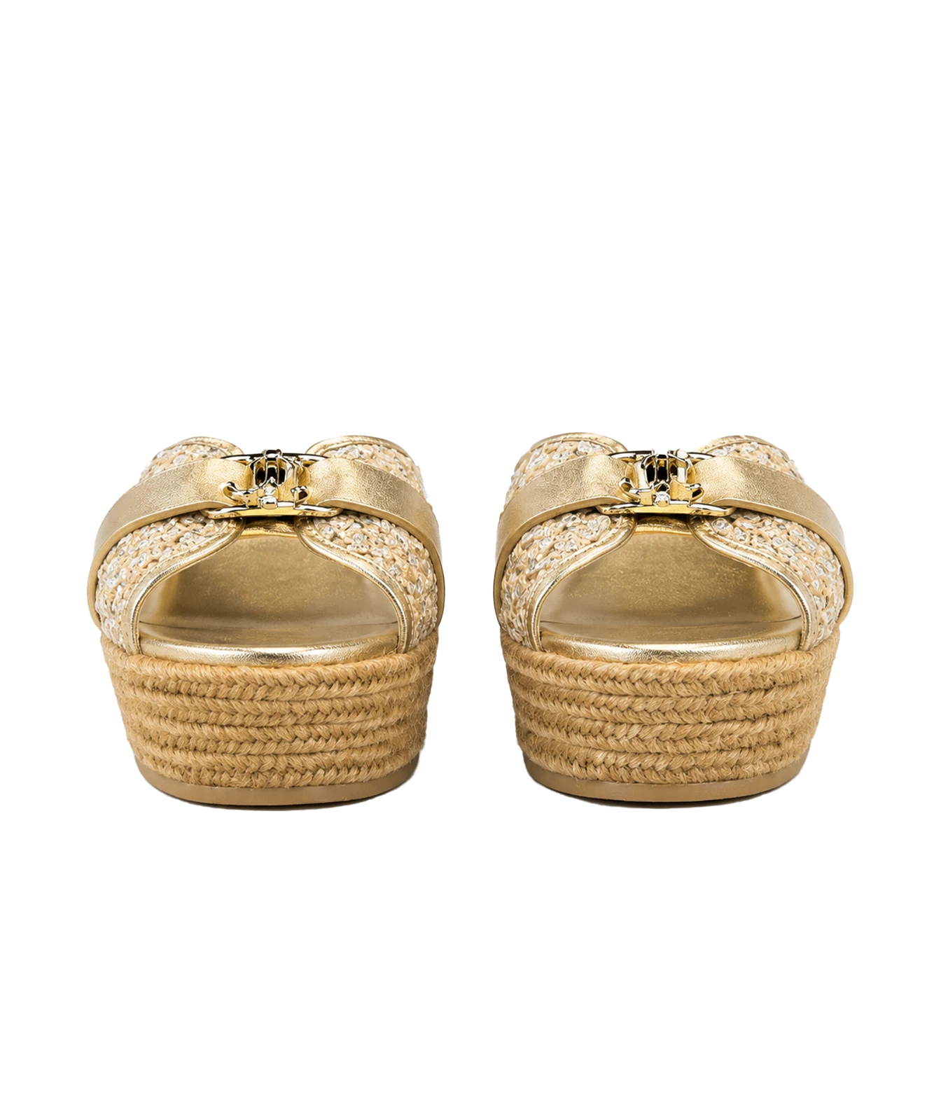A pair of women's espadrille wedge sandals shown from the back, featuring a metallic gold buckle strap, a woven beige and gold upper, and a braided jute platform sole.
