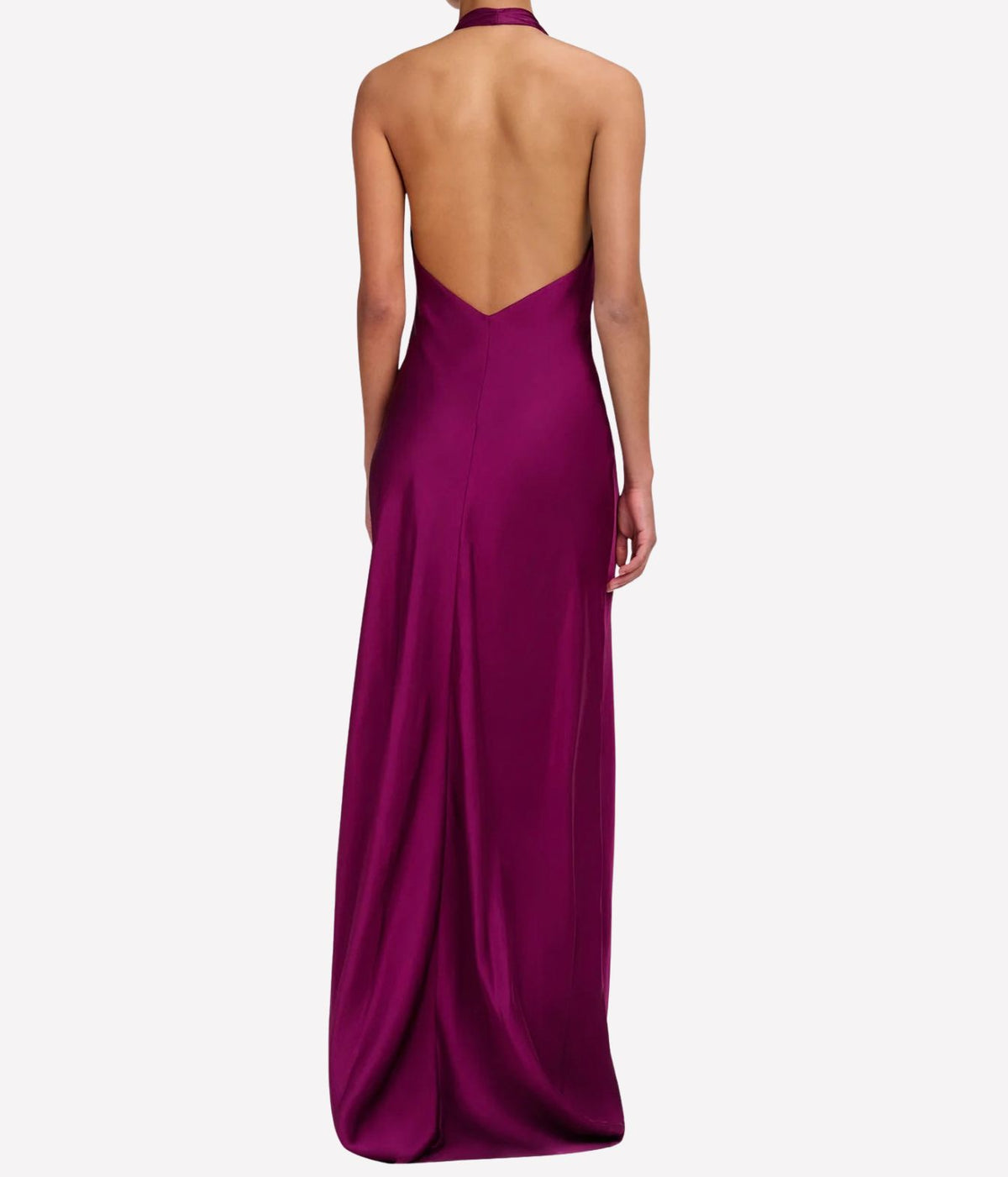 Woman wearing A.L.C. Mabel Satin Gown in Jewel, back view showing the open back