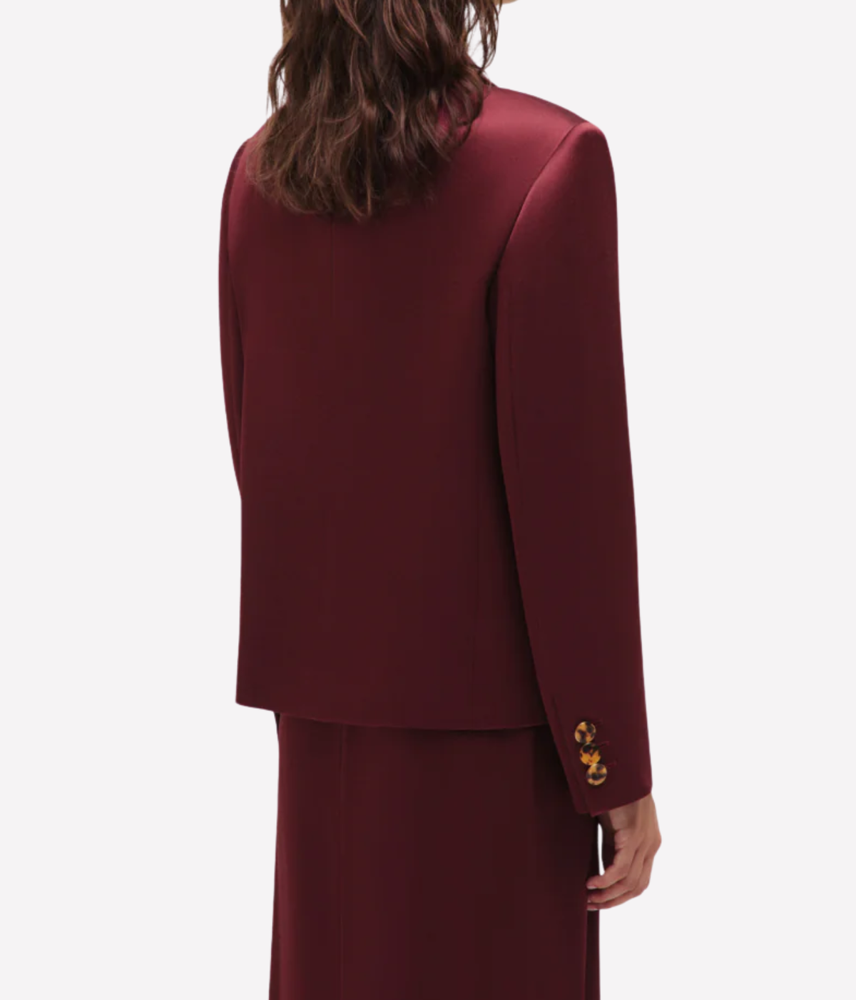 Novalis Sunfire Blazer In Wine - female model wearing matching red blazer and pants set, model is shown from the back