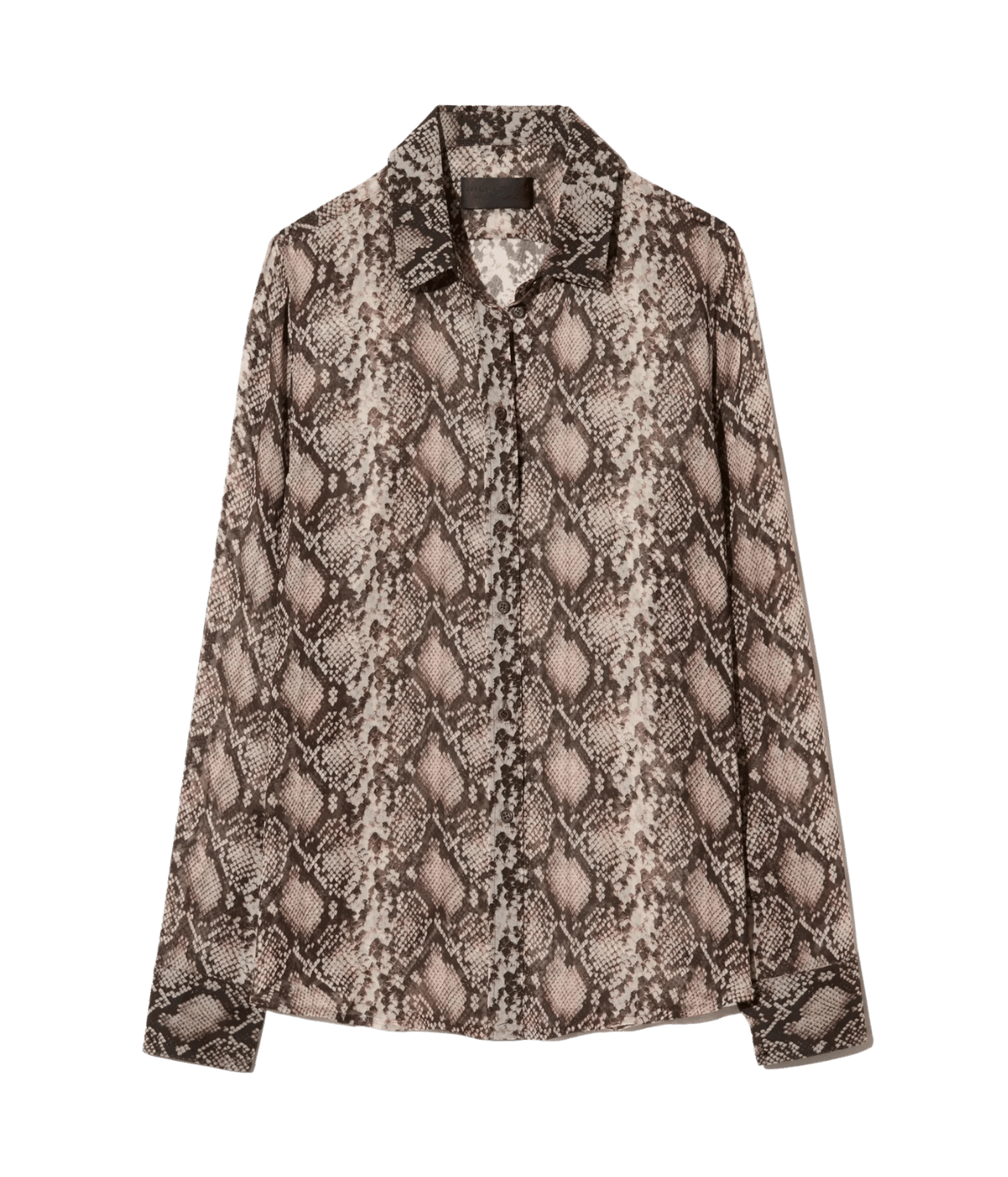 Snake print button up blouse on a plain background