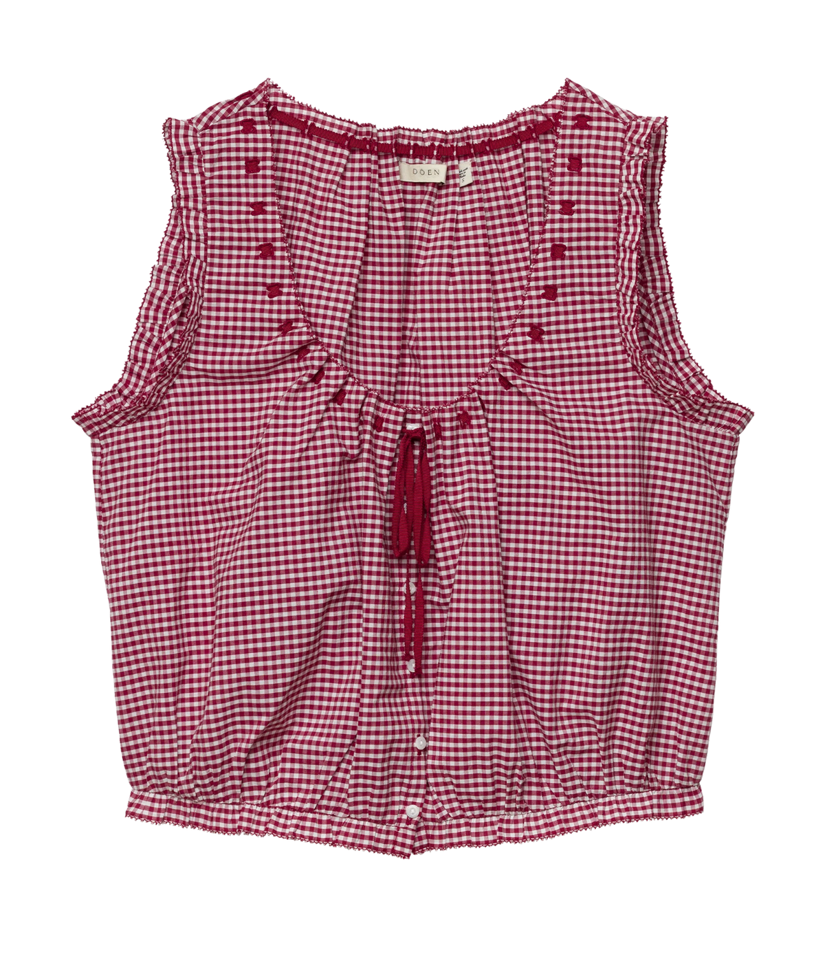 DOEN Traveler Top in Mulberry La Maddalena Gingham, front product view with tie neckline and button detailing.