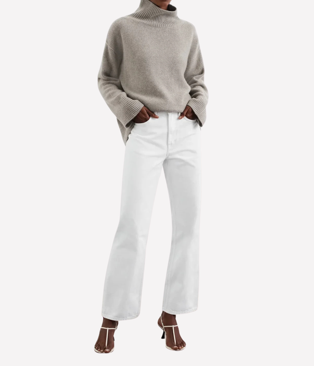 Soft Goat Alpaca Boyfriend Turtleneck in Greige – Front View full body