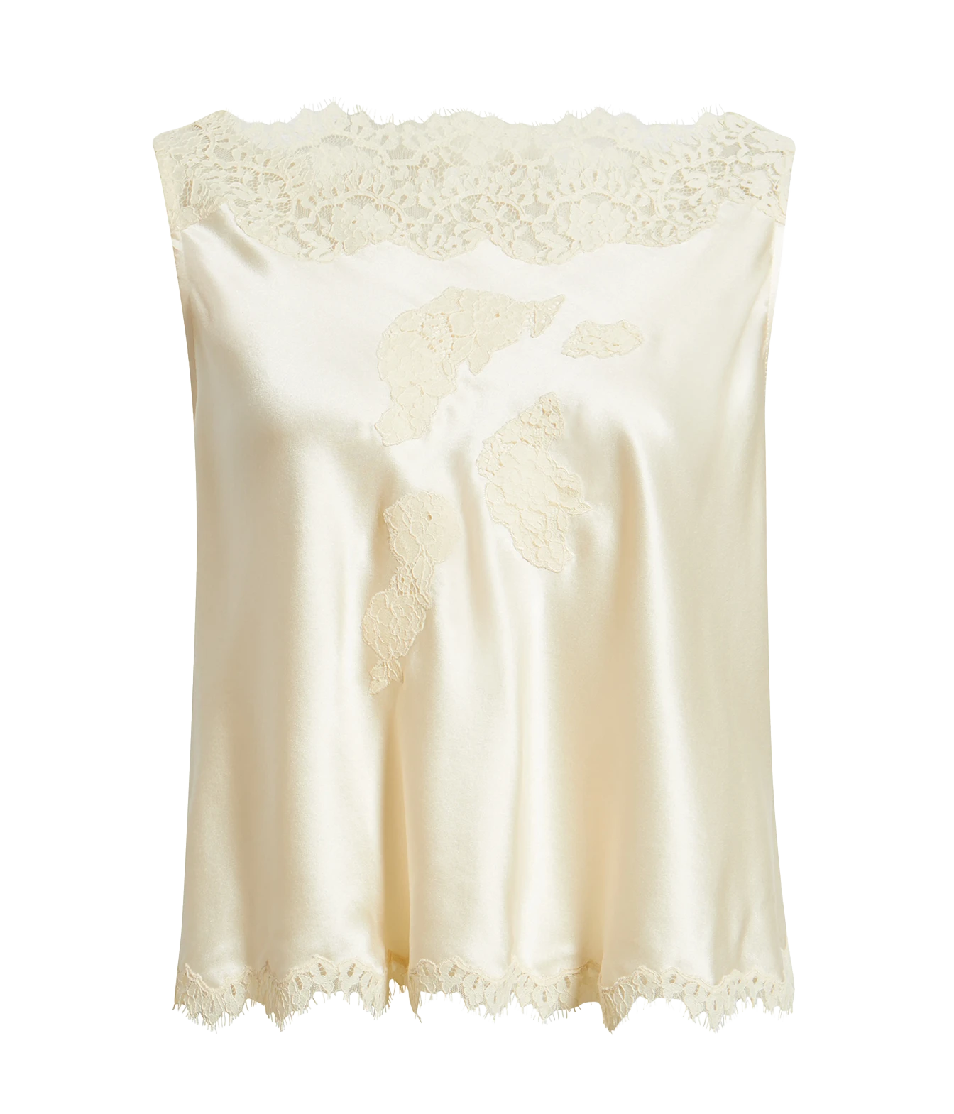 An ivory satin slip top with lace trim at the neckline and hem, featuring embroidered floral details on the front, shown against a plain white background.