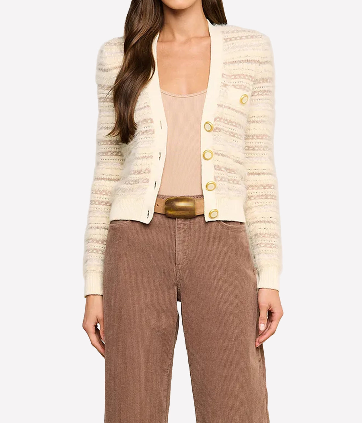 A model wearing a cream-coloured textured knit cardigan with gold buttons and brown corduroy trousers.