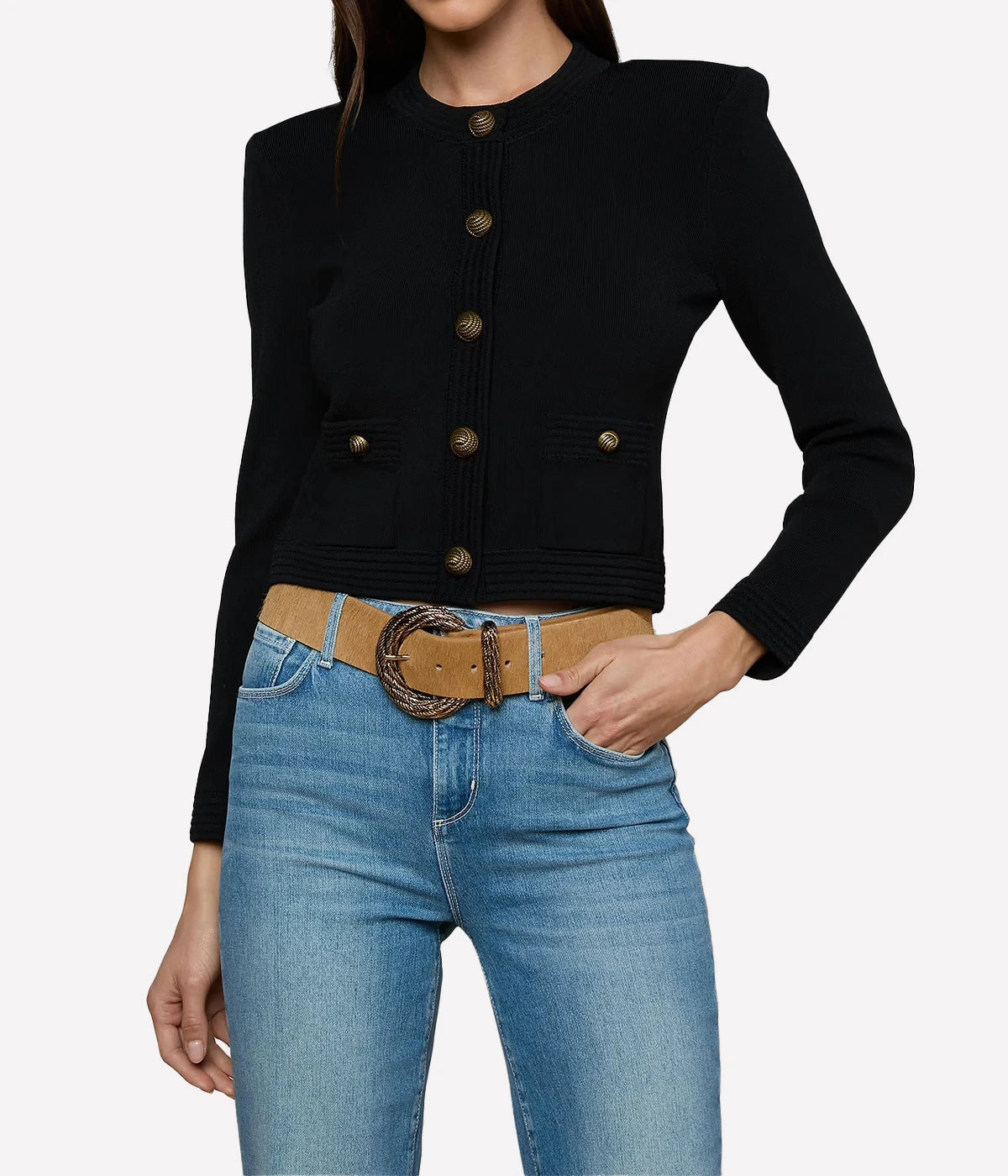 Patsy Crop Crew Cardigan in Black Gold