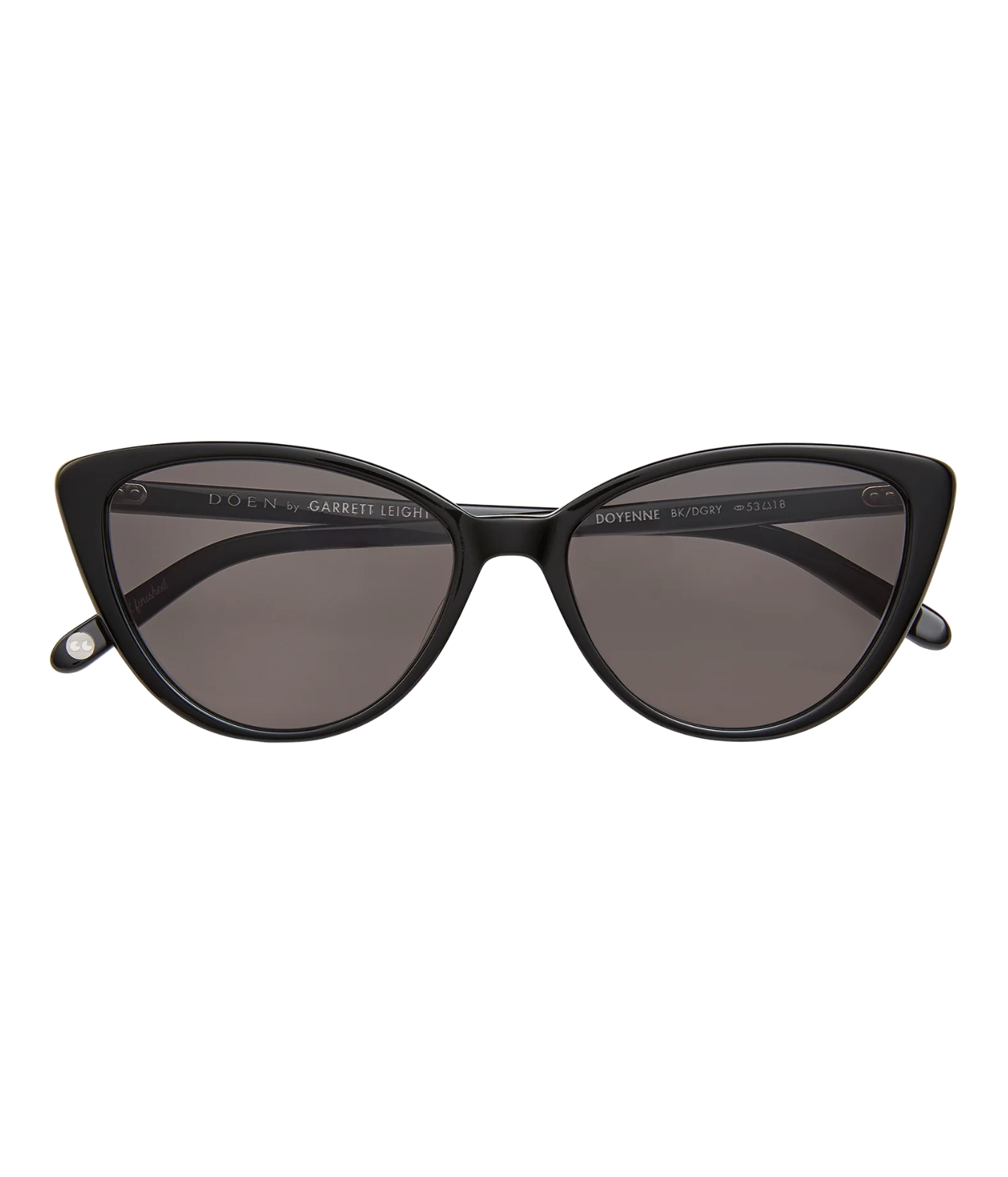 A pair of black cat-eye sunglasses with dark gray lenses, shown from the front 