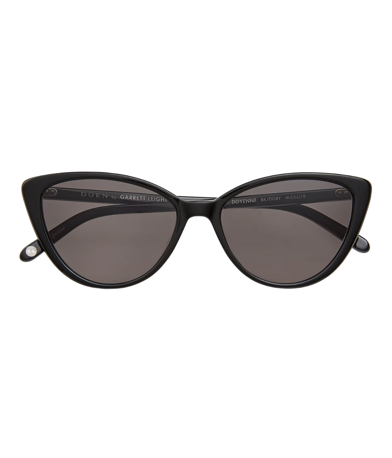 A pair of black cat-eye sunglasses with dark gray lenses, shown from the front 