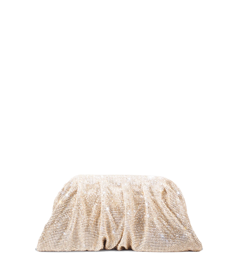 A gold rhinestone-embellished clutch bag with a gathered, pleated texture, shown against a plain white background.
