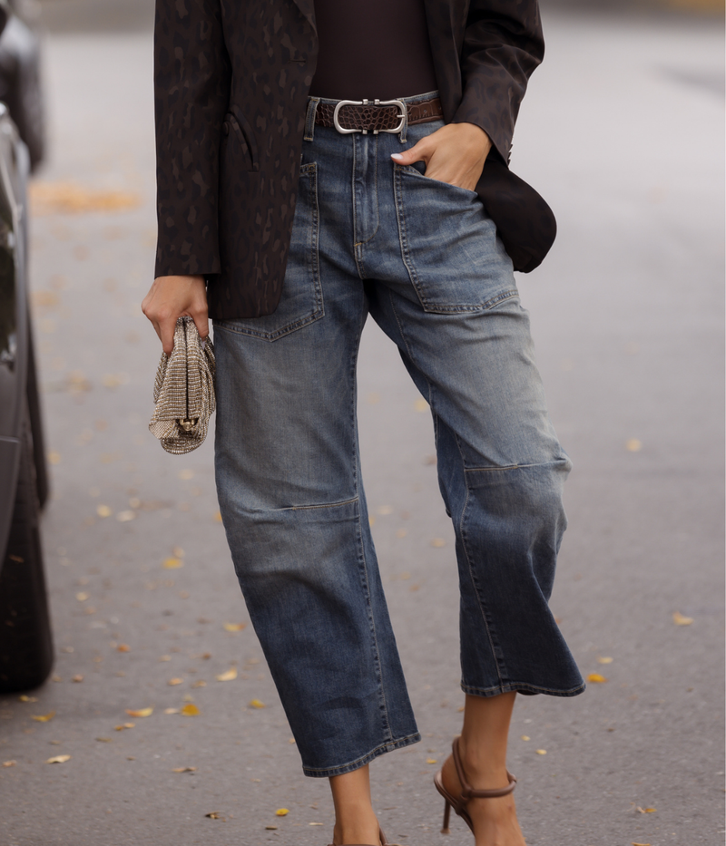 Model wearing the Nili Lotan Shon Jean with a relaxed barrel-leg fit and contemporary silhouette.